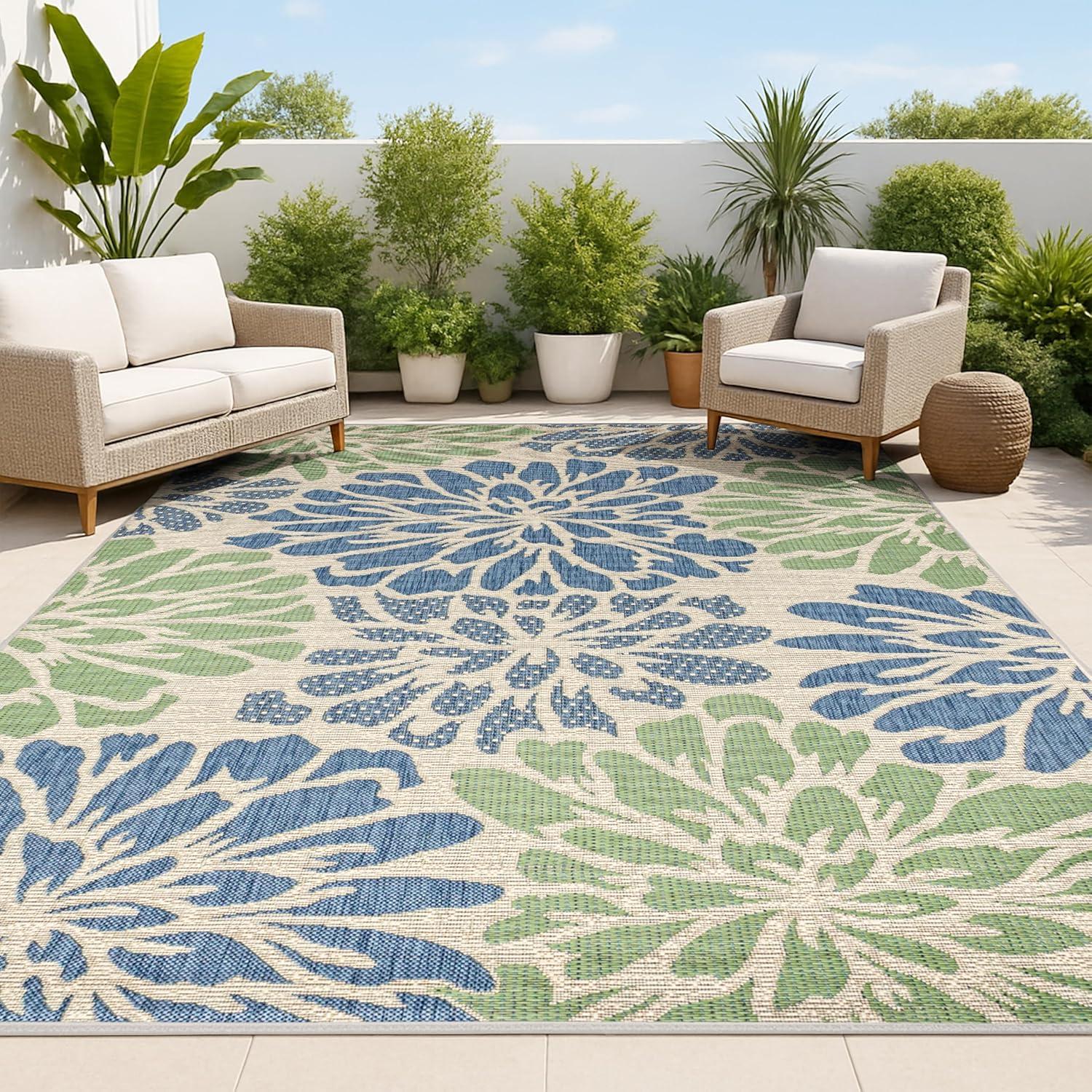 9' X 12' Zinnia Modern Floral Textured Weave Indoor/Outdoor Area Rug, Navy/Green - JONATHAN Y