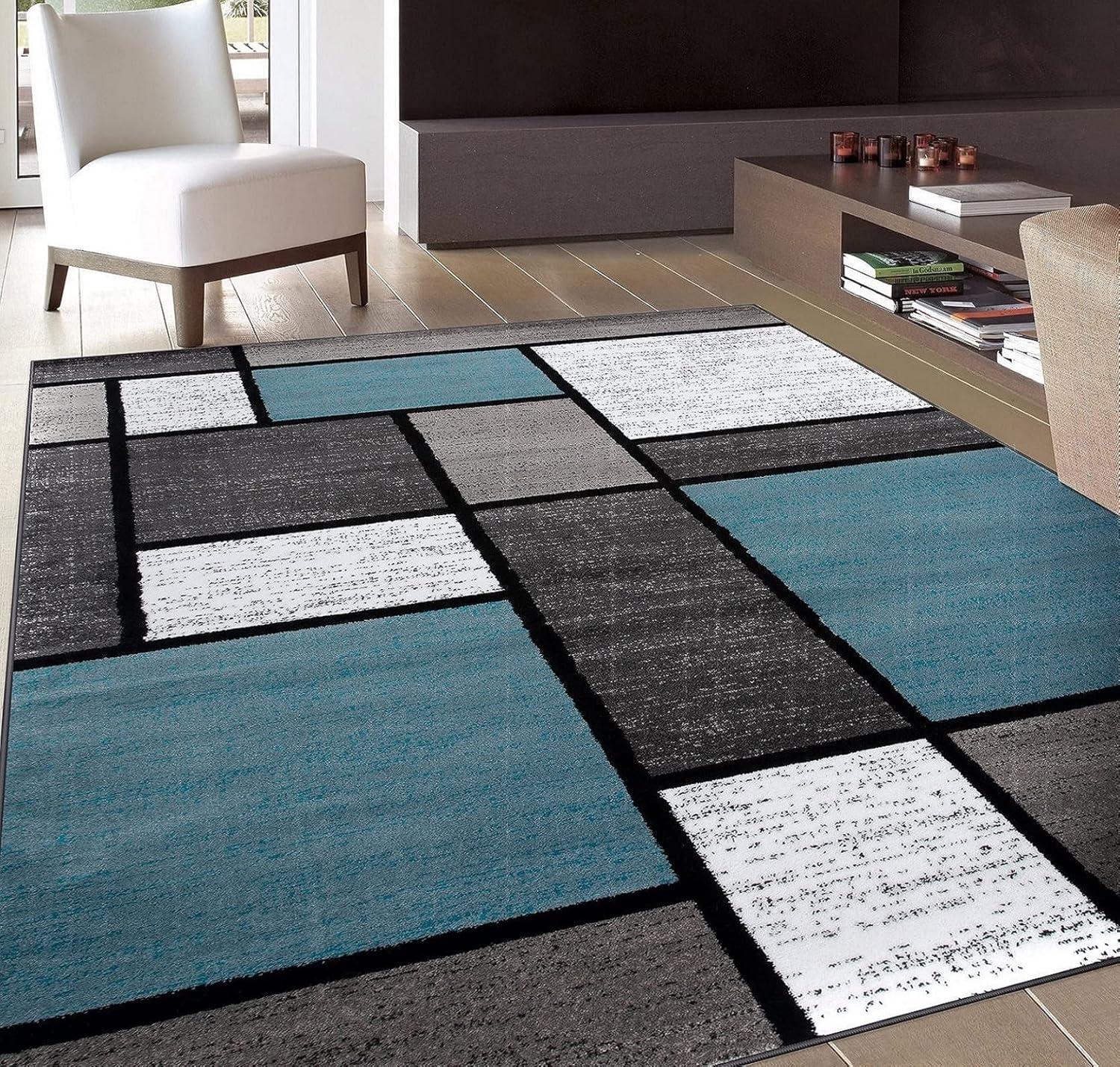 Modern Geometric Blue and Gray Easy-Care Synthetic Area Rug, 5' x 7'