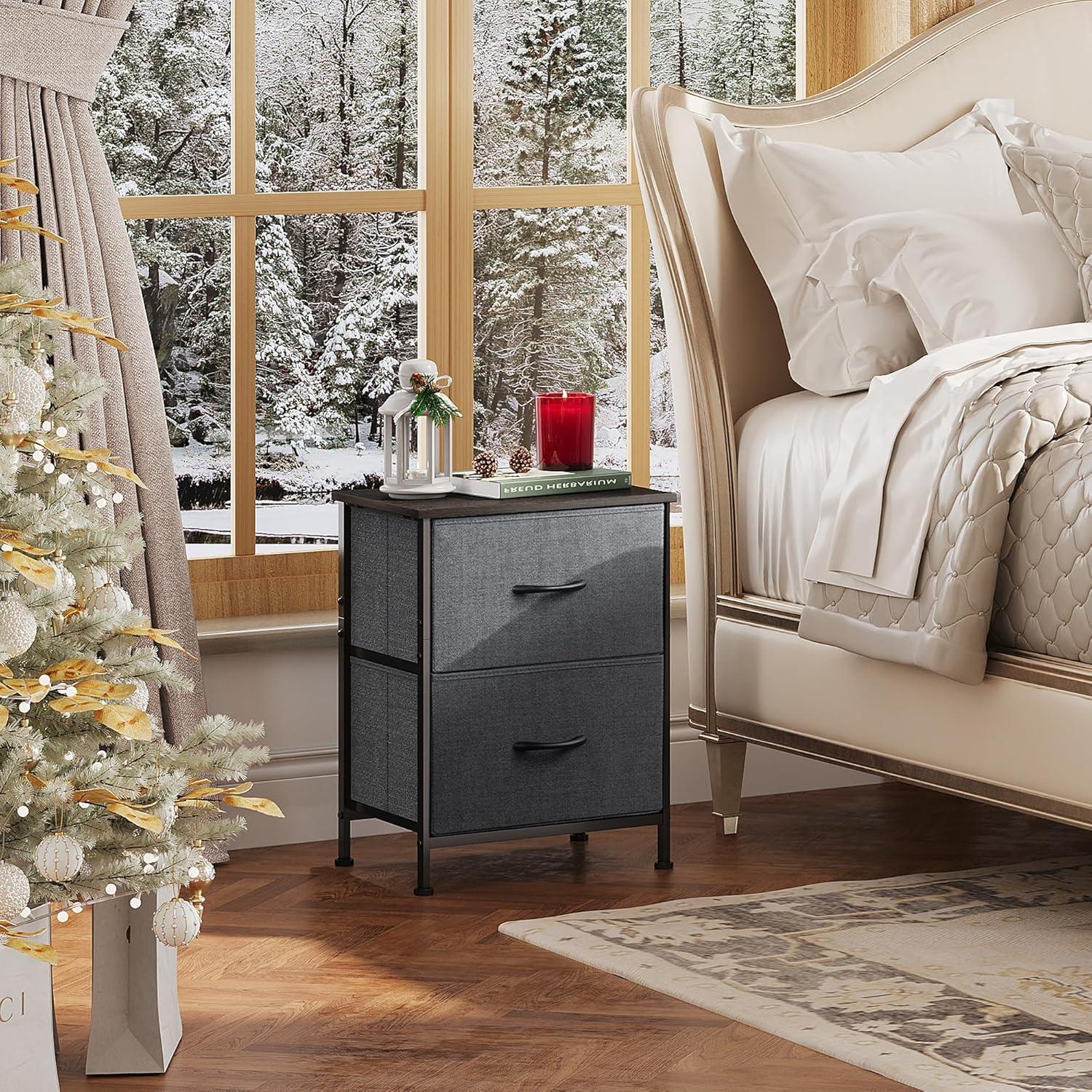 Dark Grey Fabric and Steel 2-Drawer Nightstand