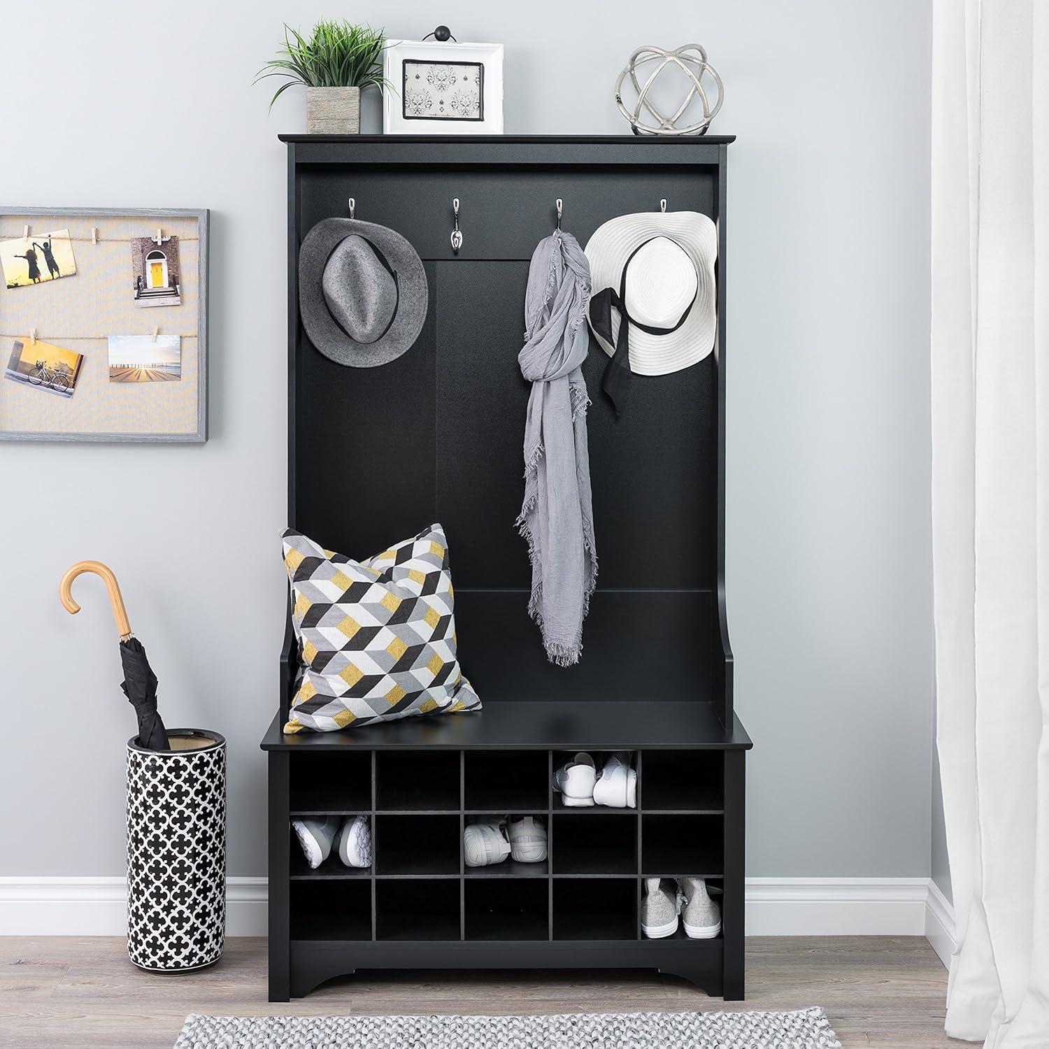 Prepac Hall Tree with Shoe Storage Espresso Brown: Entryway Organizer, 4 Metal Hooks, Wood Composite