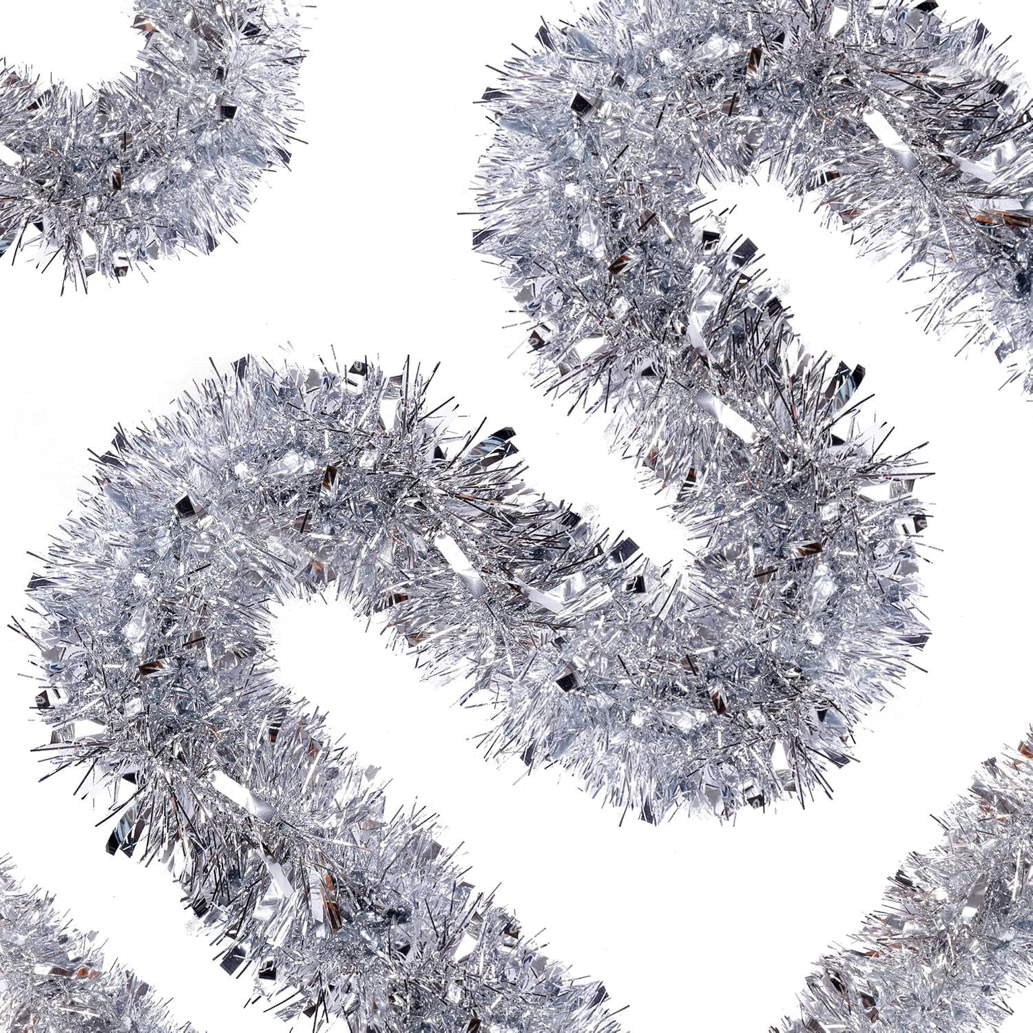 49.2Ft Christmas Silver Tinsel Garland Xmas Tree Decorations Christmas Metallic Twist Garland Ceiling Hanging Decorations for New Year Party Birthday Holiday Indoor Outdoor Supplies Silver