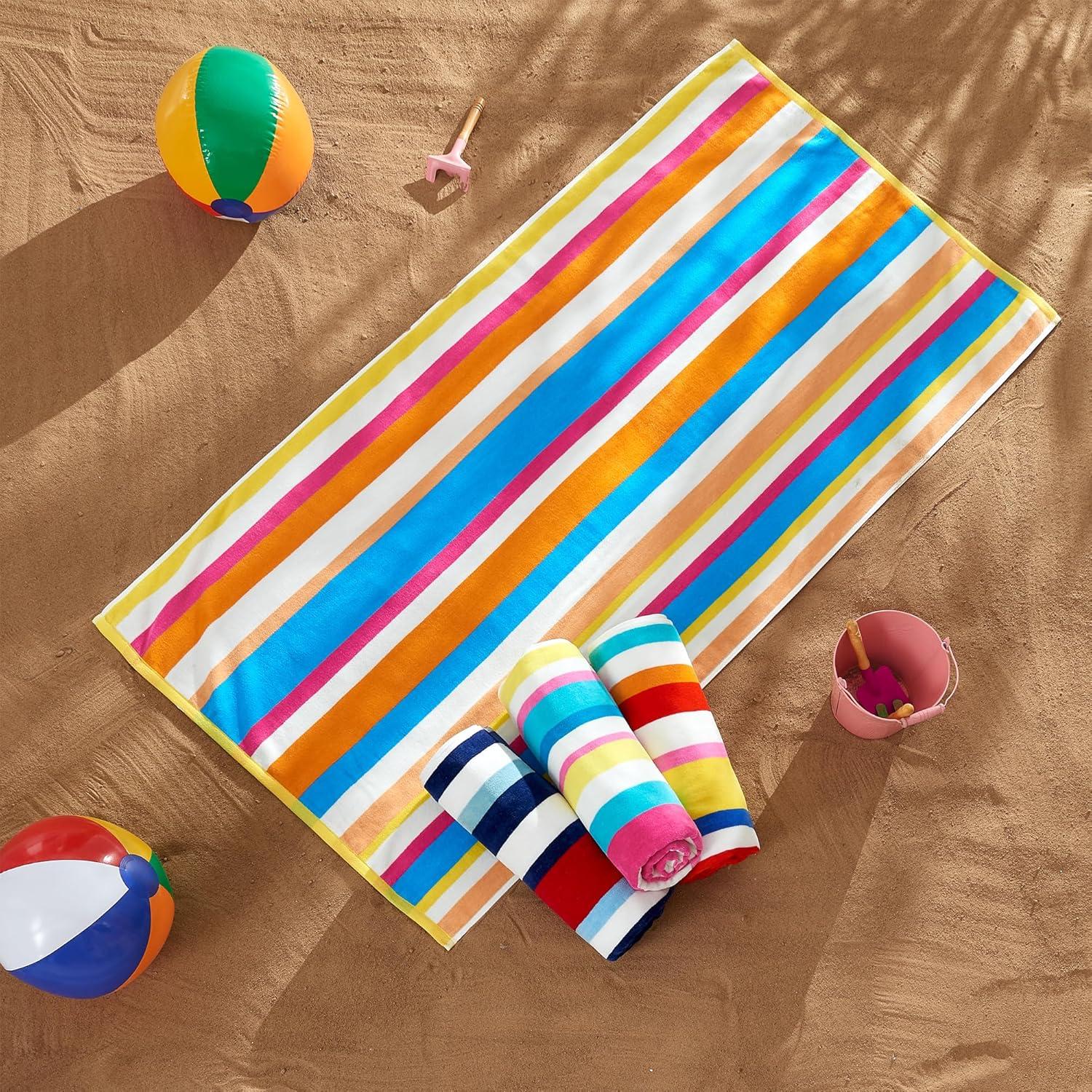 100% Cotton 4 Pack Stripe Beach Towels - Great Bay Home (30" x 60", Multi Colorful Stripes)