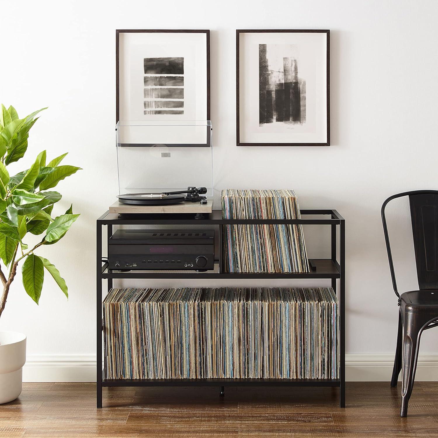 Provo Matte Black and Brown Record Storage Console with Turntable Shelf