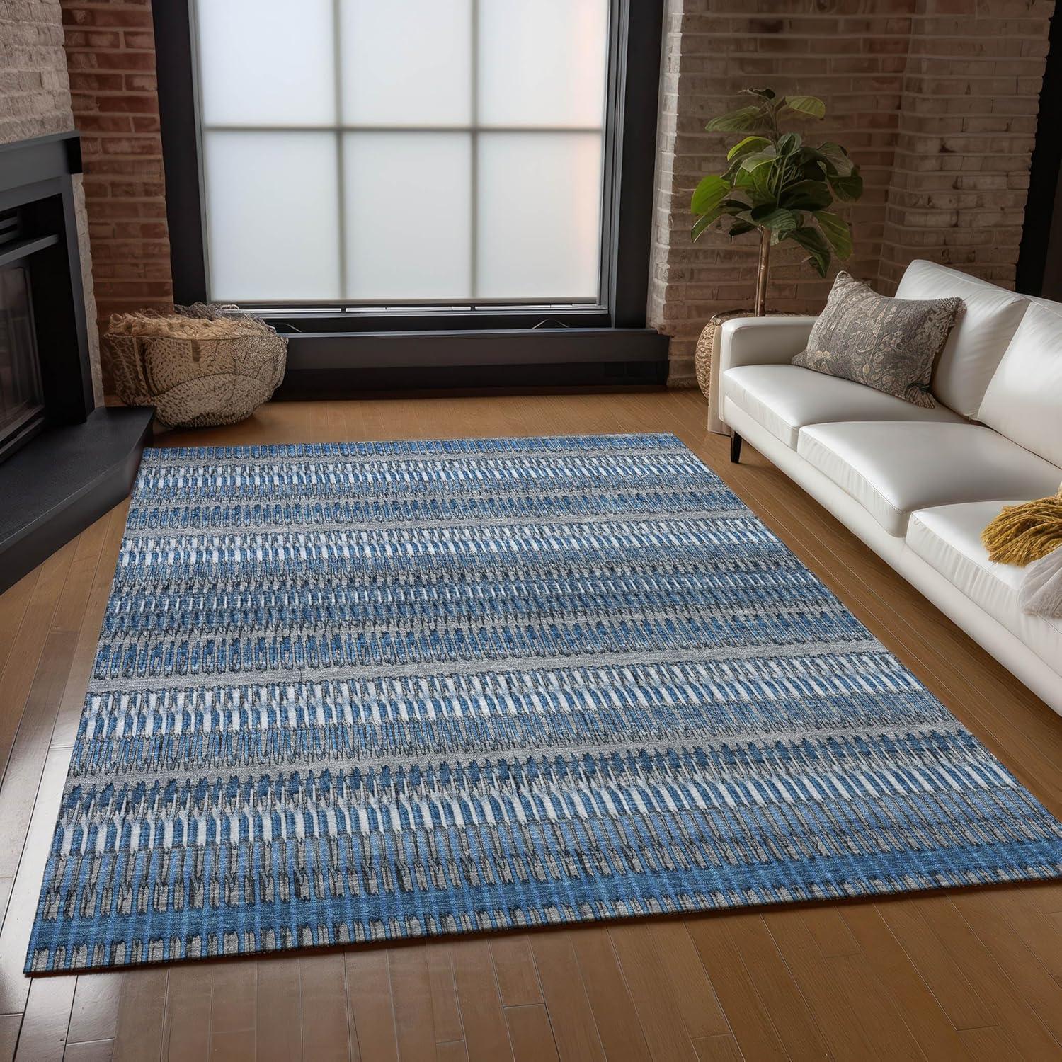 Blue and Gray Synthetic Flat Woven Reversible Rug, 3' x 5'