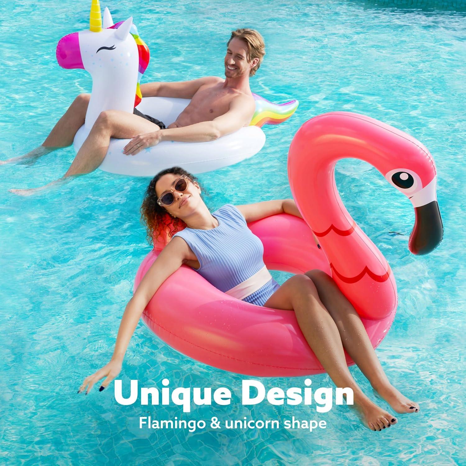Joyfy 2 Packs Pool Floats Tube, Inflatable Unicorn Flamingo Pool Toys Floaties with Headrest, Pool Swim Ring for Kids Adults Beach Lake Summer Fun