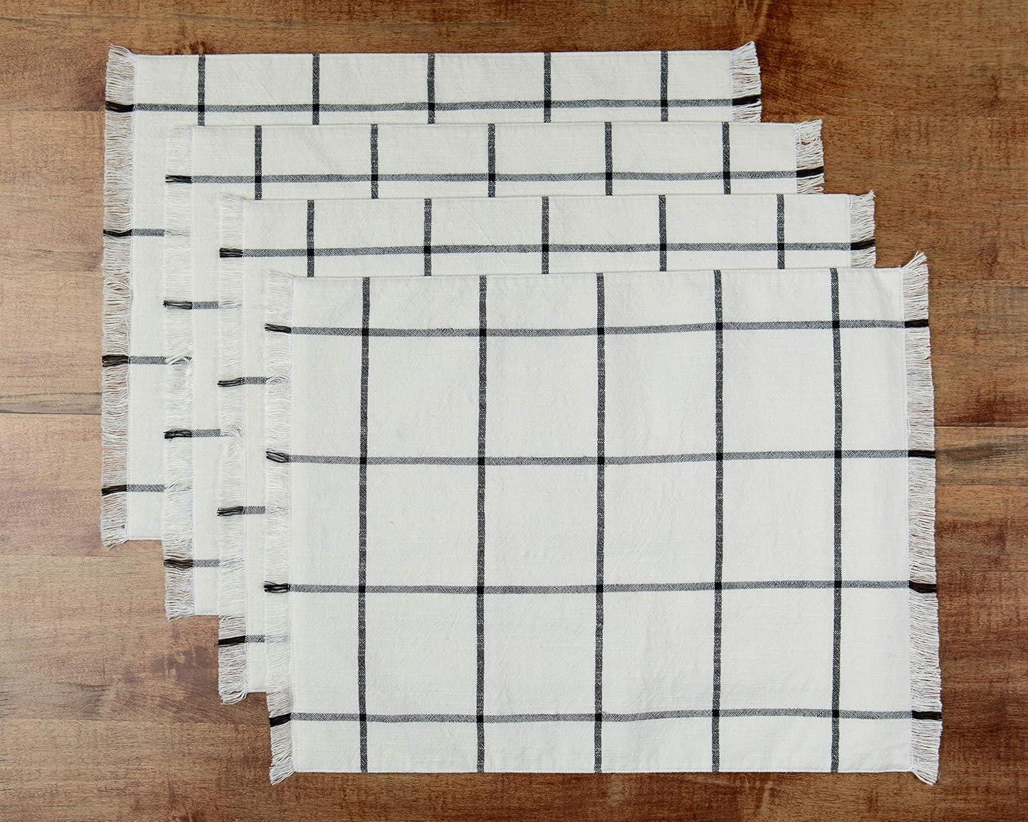 Sticky Toffee Placemats Set of 4, Woven Cotton Cloth Placemat Set, 14x19 in, Cream Farmhouse Plaid Place Mats for Kitchen or Dining Table