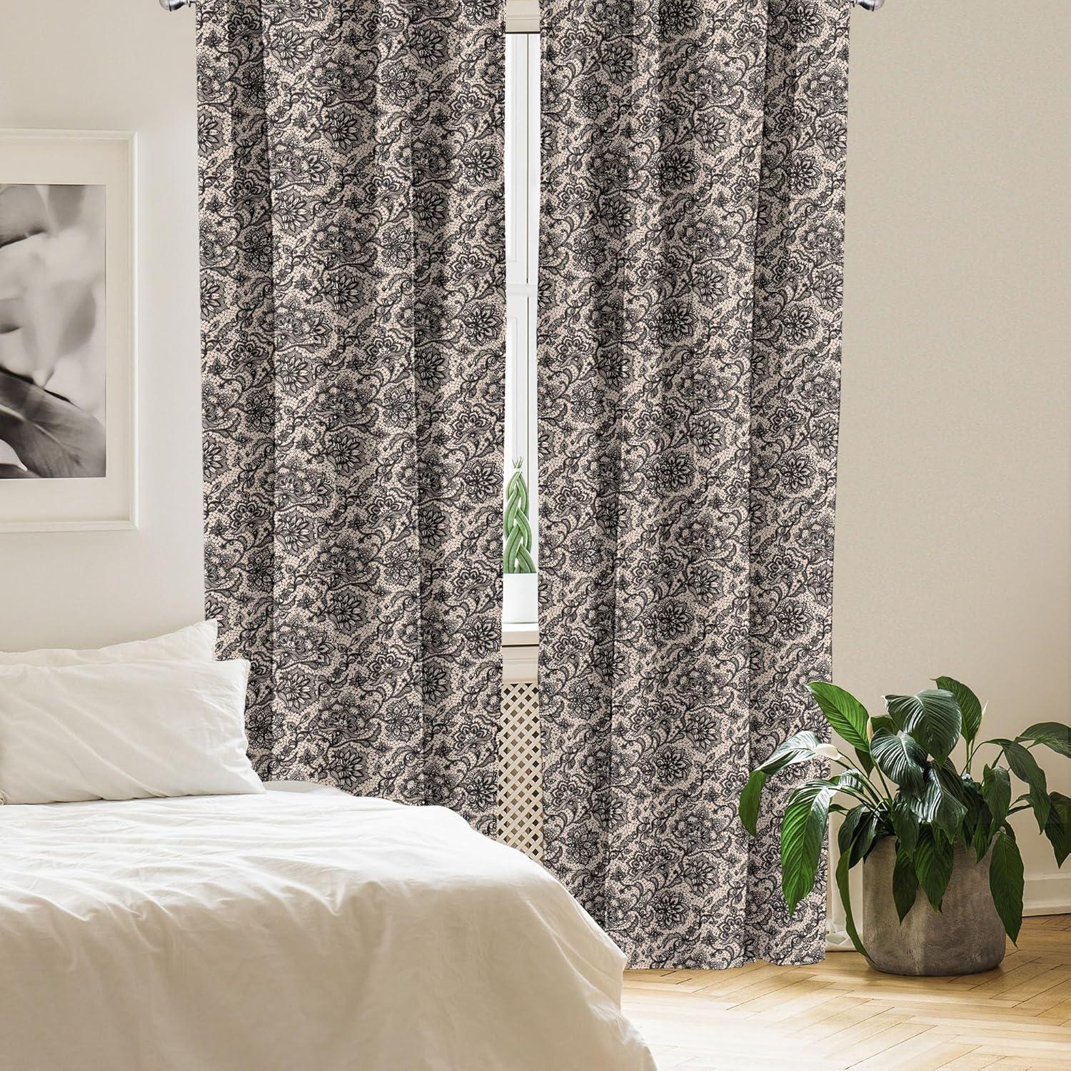 Ambesonne Ambesonne Gothic 2 Panel Curtain Set, Abstract Graphic Lace Pattern With Flowers Butterflies Old Fashioned Nature Inspired, Lightweight Window Treatment Living Room Bedroom Decor, 56" X 63", Tan Black (Set of 2)