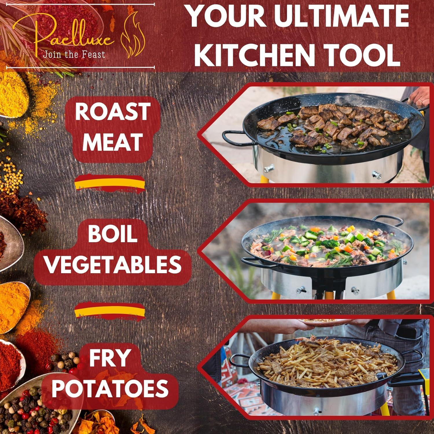 Paelluxe Paella Burner and Stand Set 20 Servings, 24 Inch Paella Pan, Dual Propane Outdoor Stove with Stand & Regulator, Portable Gas Cooker for Camping Crawfish Boil Cooking Outdoor, Paellera Propano