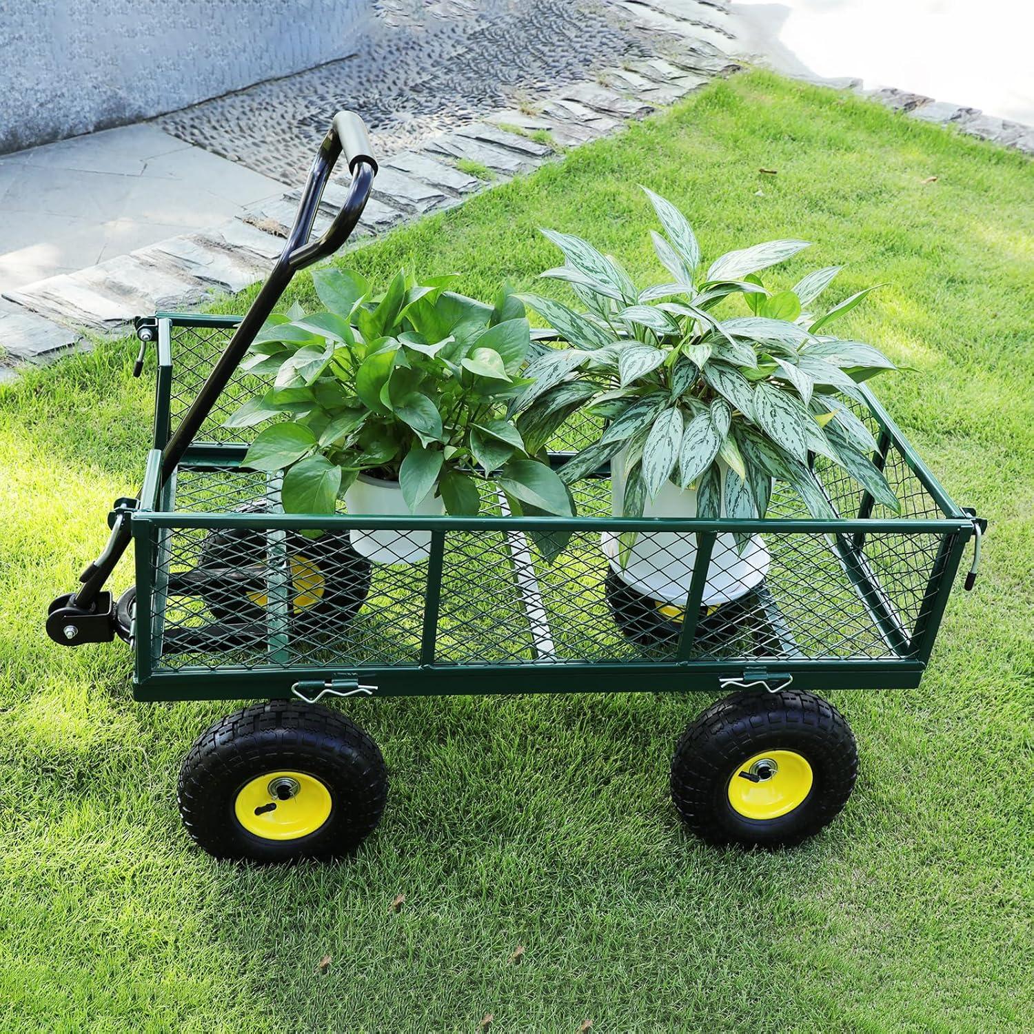 Homdox Steel Garden Cart 880 lbs Capacity Heavy Duty Garden Wagons,with Removable Steel Mesh Sides to Convert into Flatbed,Utility Metal Wagon w/ 180°Rotating Handle and 2 Tags Recyclable