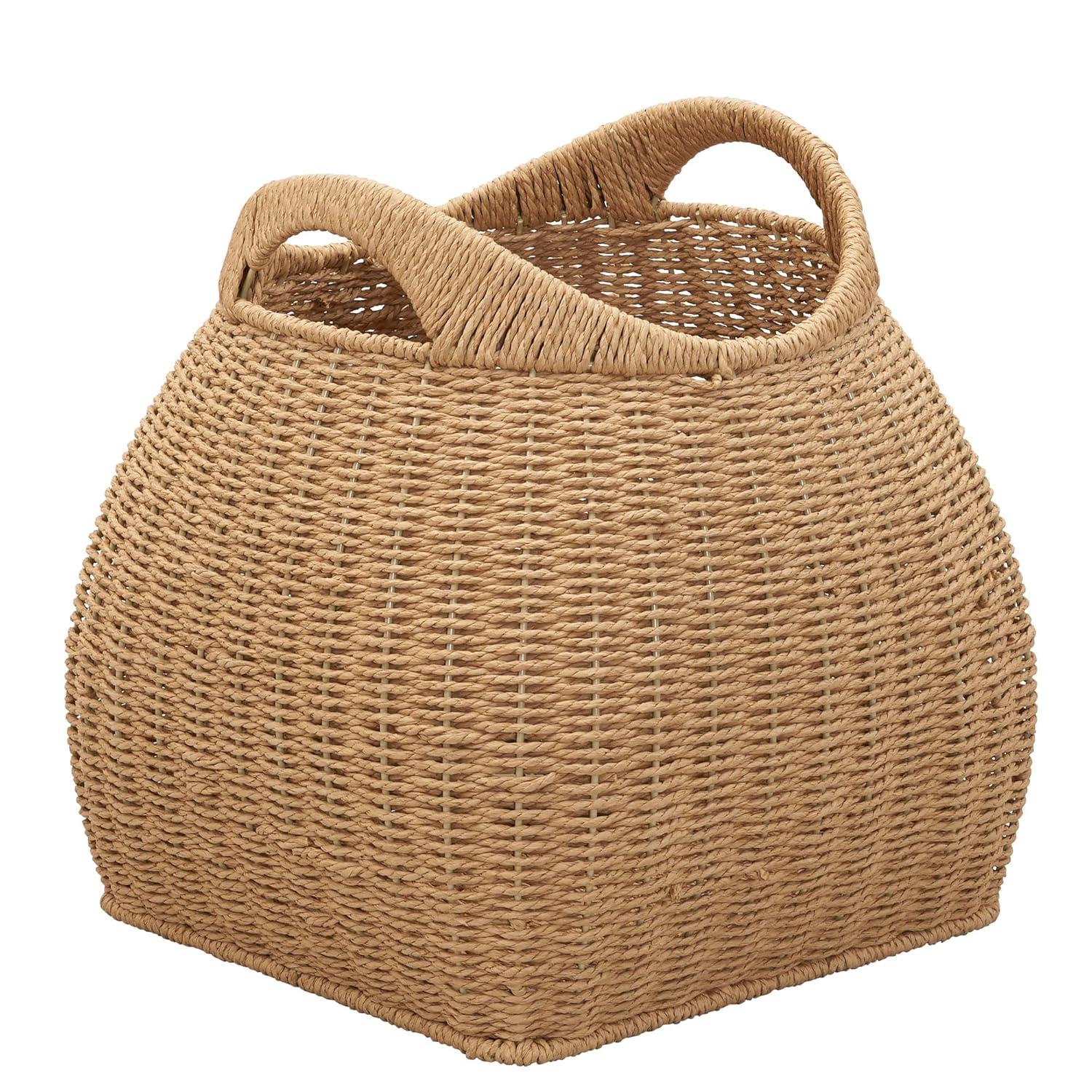 Household Essentials Basket with Handles Seagrass: Handwoven Round Storage, Brown Decorative Wicker, 14" Height