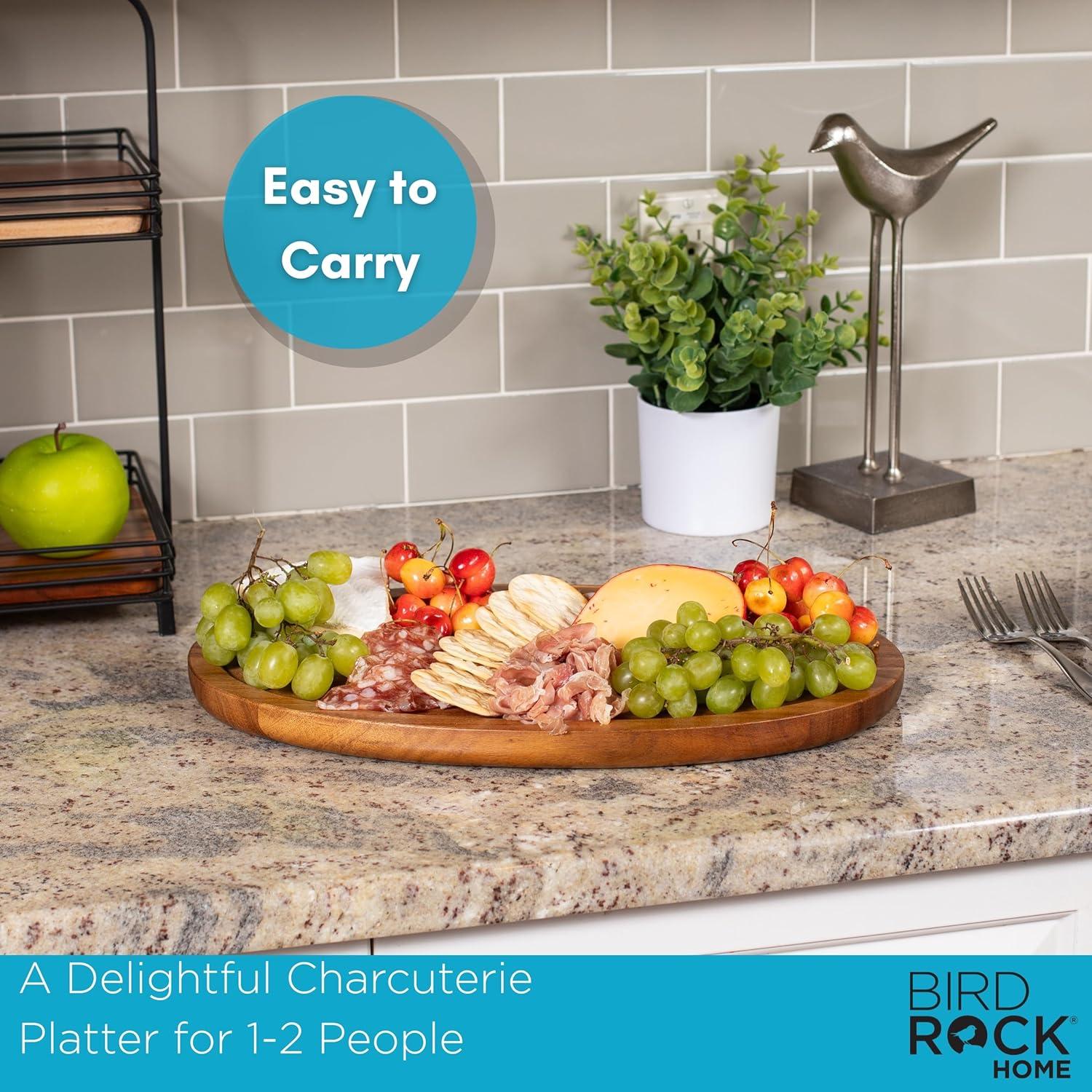 BIRDROCK HOME Acacia Wooden Cheese Serving Board with Handle - Charcuterie, Appetizers, Kitchen Platter, Grazing Board, Pizza, Meat, Bread, Cutting, Party, Food Display Tray - Espresso, 16.5", Oval