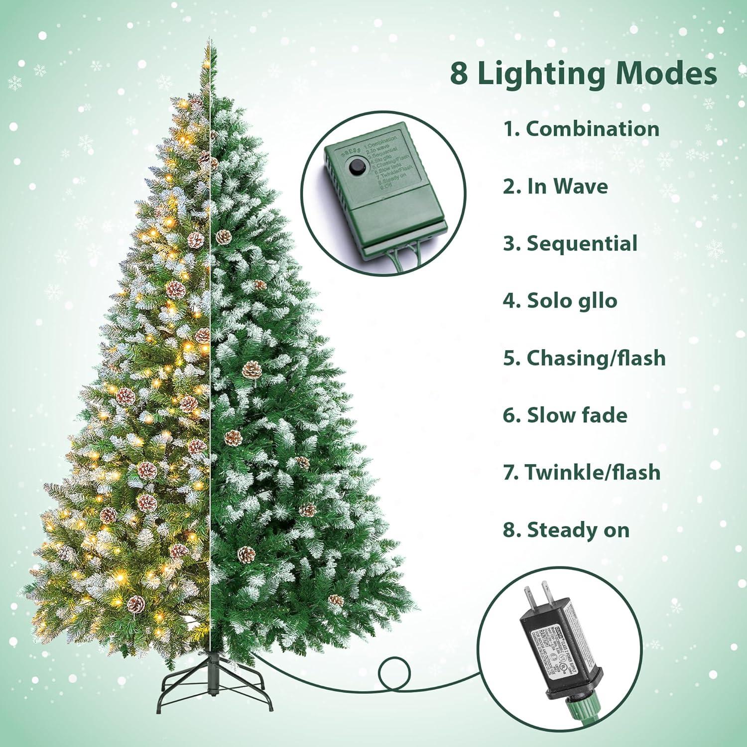 Ayieyill 6FT Pre-Lit Artificial Christmas Tree with 600 Snow Sprayed Tips 150 LED Lights 30 Snowflakes Ornaments