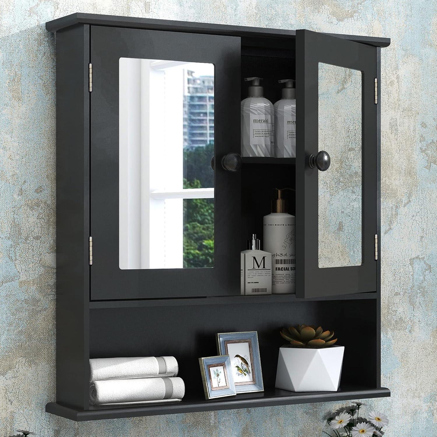 Medicine Cabinet, Medicine Cabinets For Bathroom With Mirror 2 Doors 3 Open Shelf, Bathroom Cabinet Wall Mounted Wooden Storage Over Toilet Laundry Room Kitchen