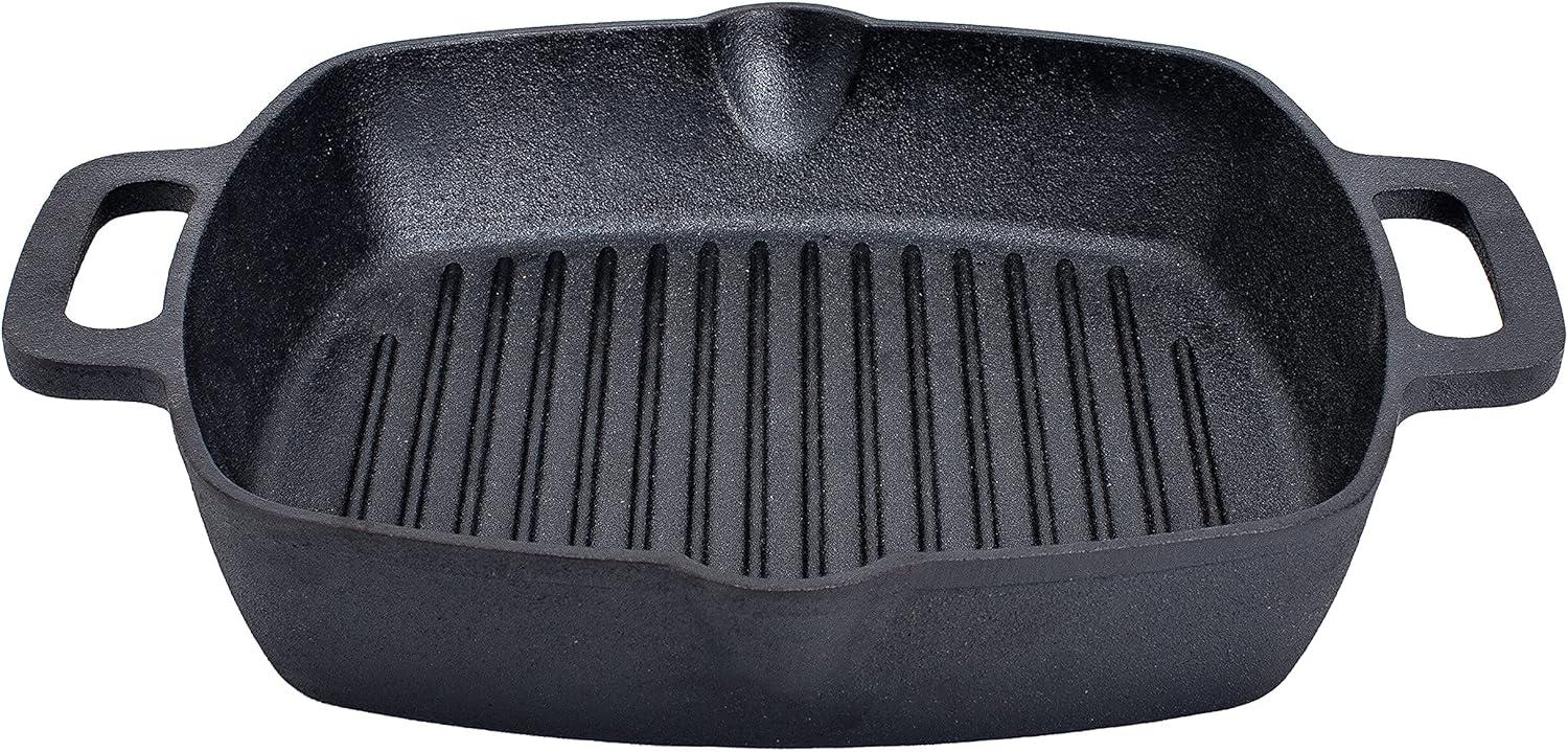 Bruntmor 10 Inch Square Cast Iron Grill Pan Steak Pan Pre Seasoned Grill Pan with Easy Grease Drain Spout, with Large Loop Handles for Grilling Bacon, Steak, and Meats