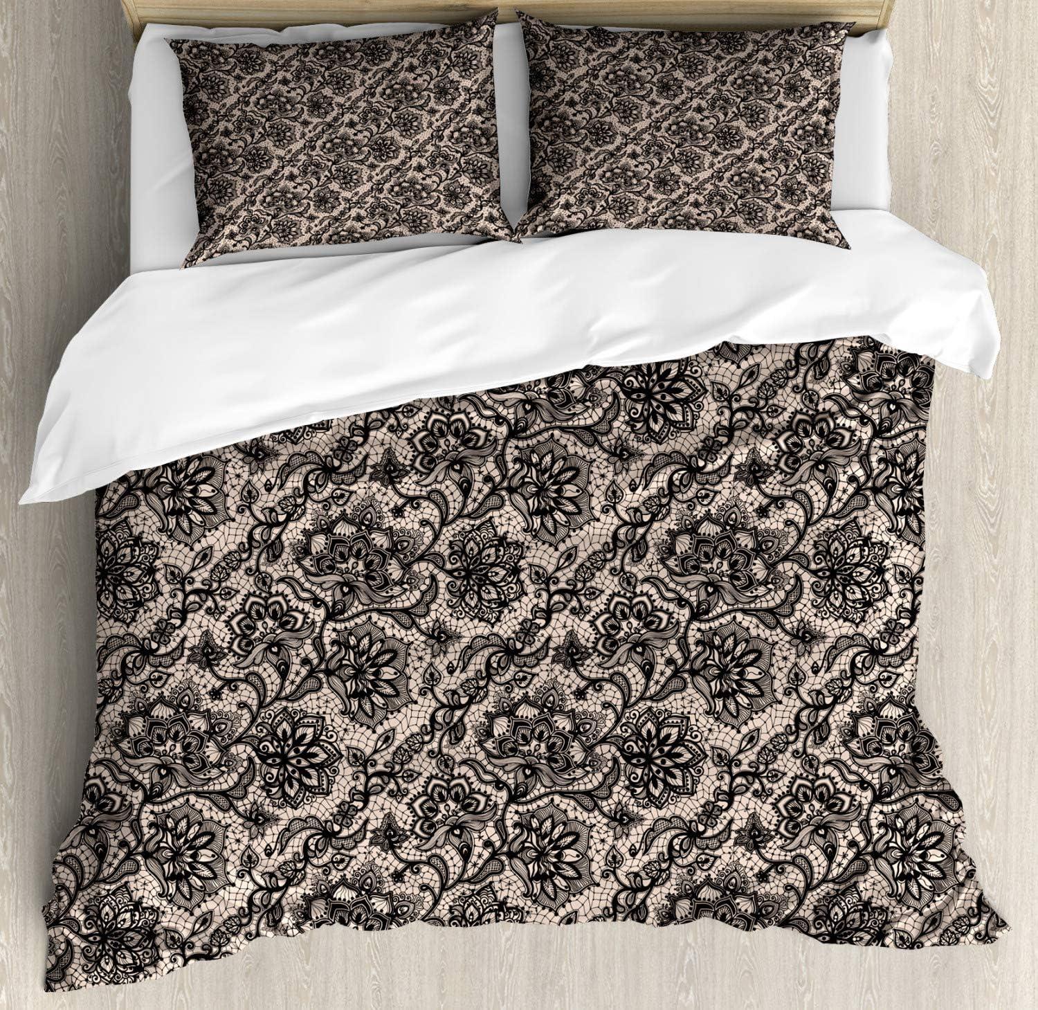 King Size Tan and Black Floral Lace Pattern Duvet Cover Set