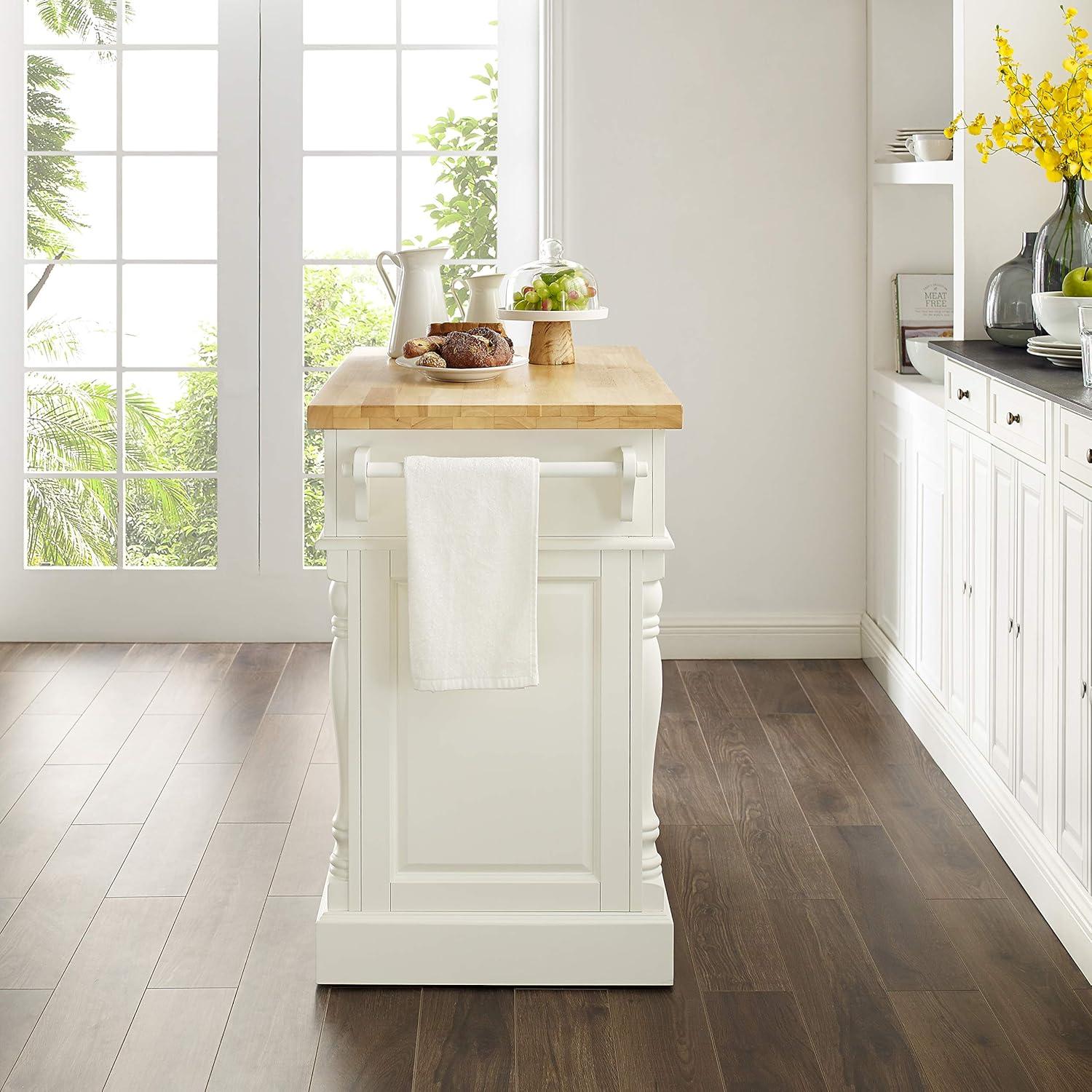 Elegant White Butcher Block Top Kitchen Island with Storage