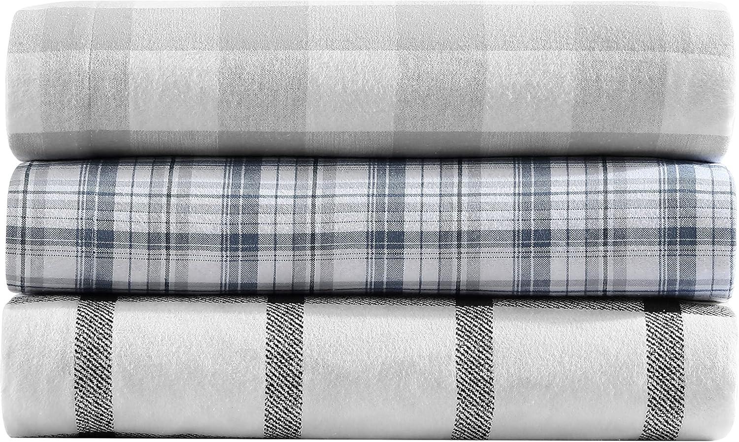 Queen White and Gray Plaid Cotton Flannel Sheet Set