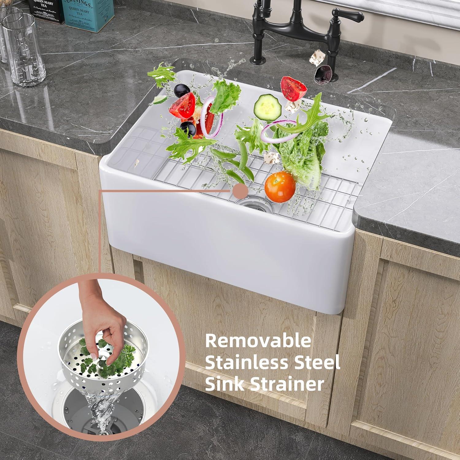 Small Farmhouse Sink 24 X18 White Fireclay Undermount Kitchen Sinks Deep Single Bowl Drop in Modern Apron Front Farm Sink For Kitchen with Protective Bottom Grid and Strainer