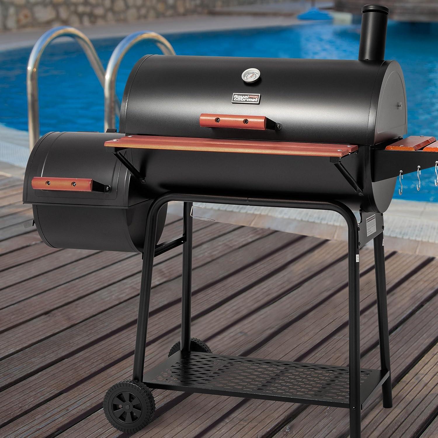 Royal Gourmet 30" Barrel Charcoal Grill with Smoker and Side Table