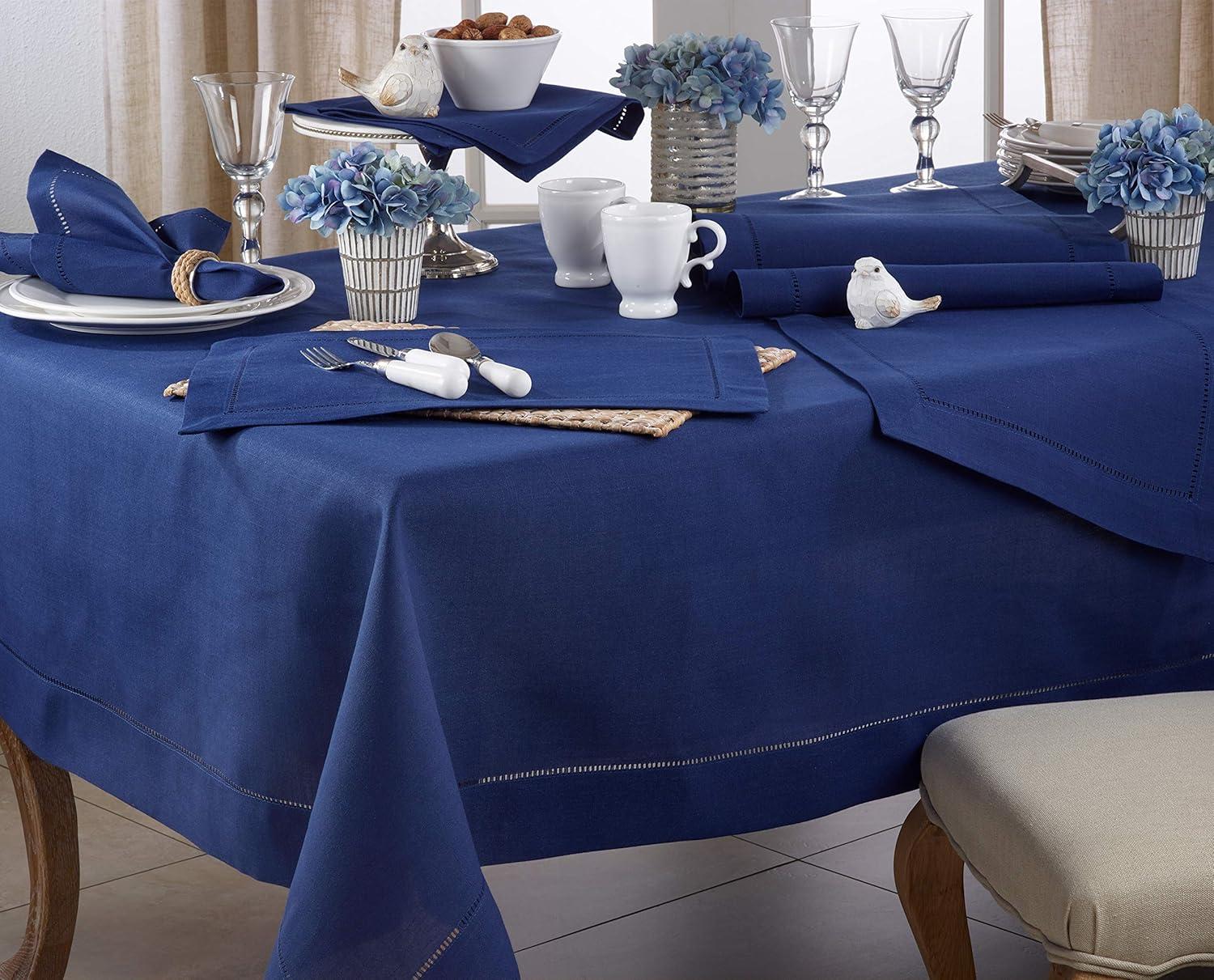 Saro Lifestyle Classic Hemstitch Border Tablecloth, Navy Blue, 60" x 60"
