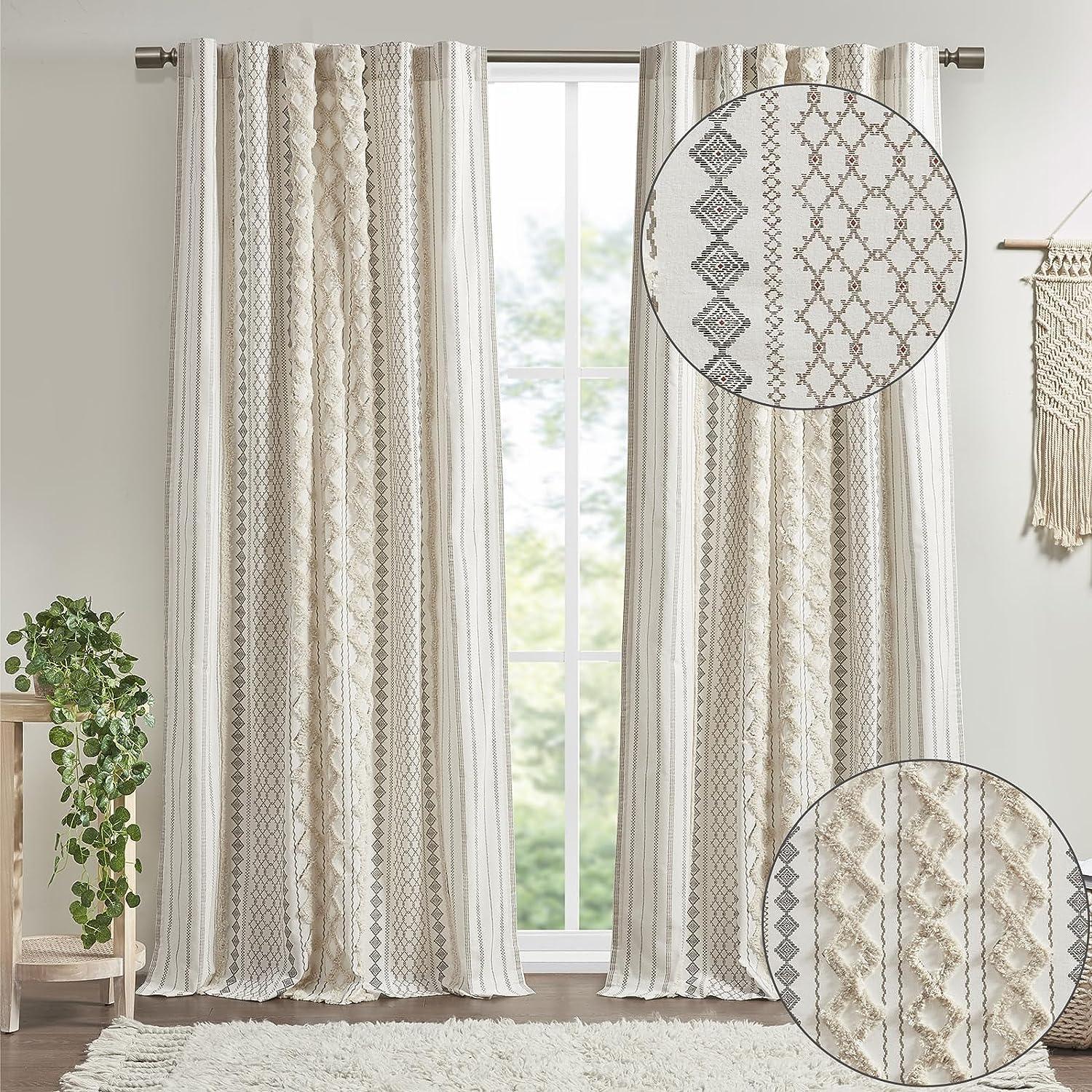 Ivory Cotton Chenille Stripe Room Darkening Curtain Panel