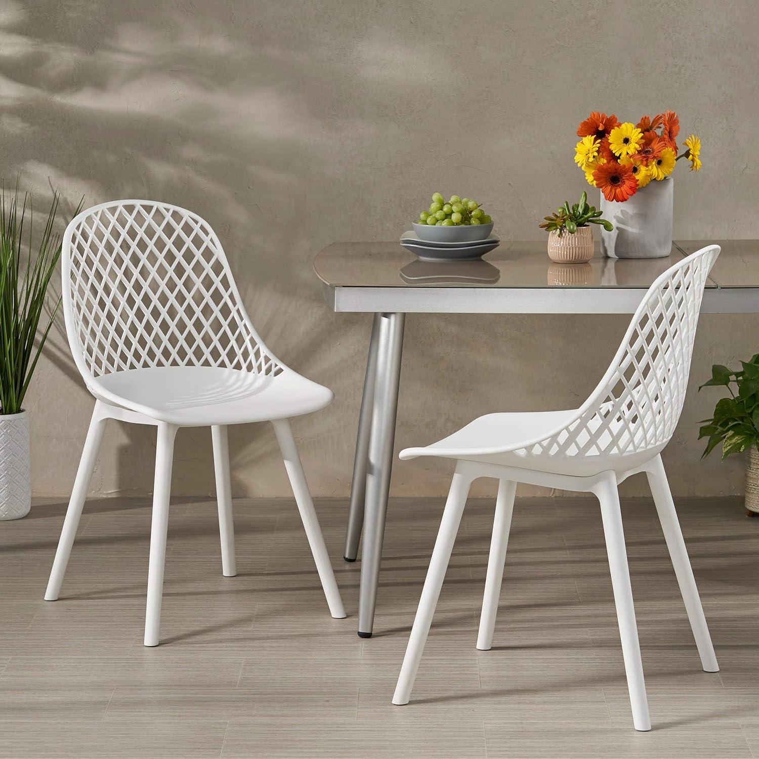 White Armless Outdoor Dining Chairs with Diamond Mesh Pattern, Set of 2