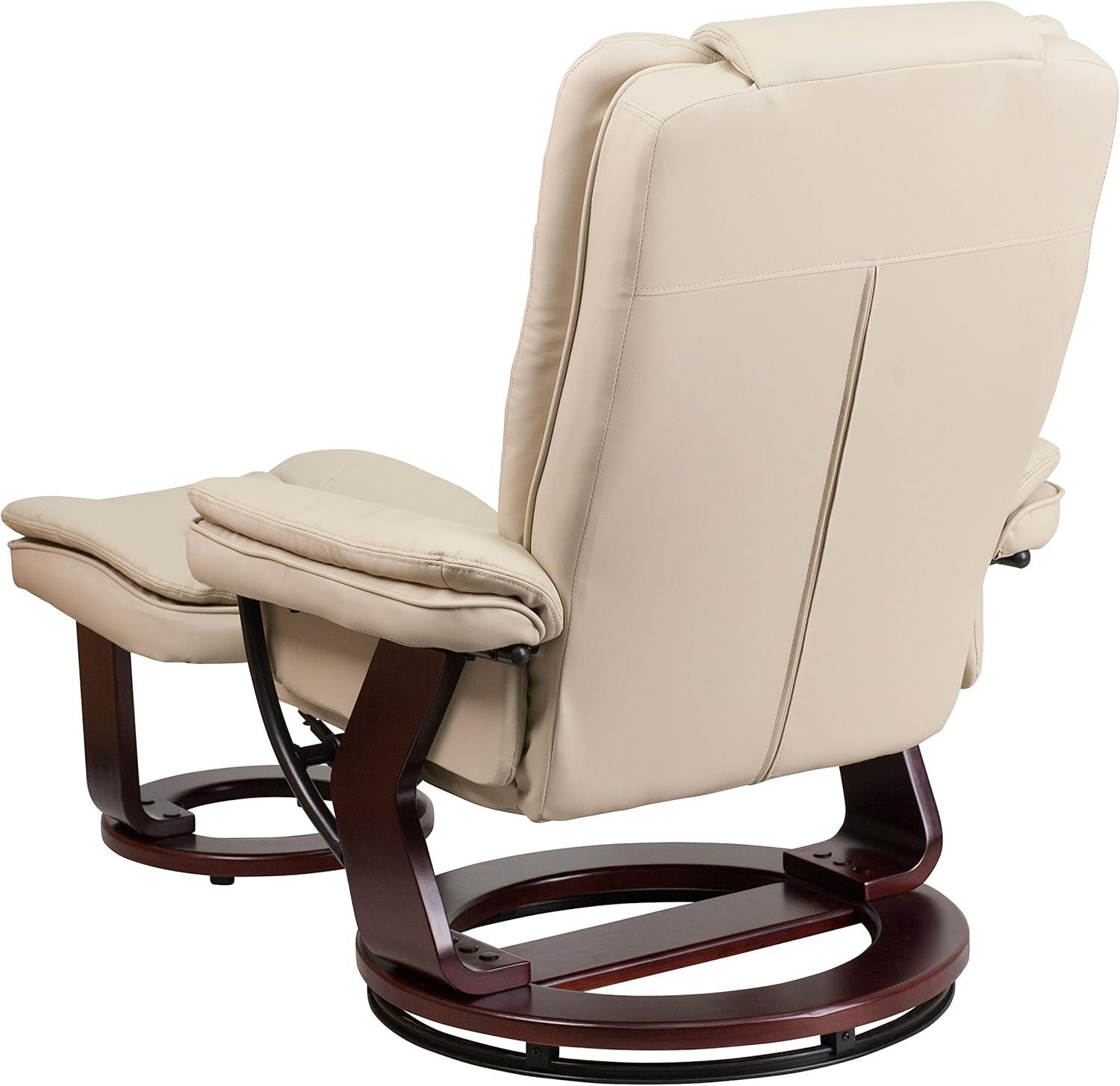 Flash Furniture Bali Contemporary Multi-Position Recliner with Horizontal Stitching and Ottoman with Swivel Mahogany Wood Base in Beige LeatherSoft