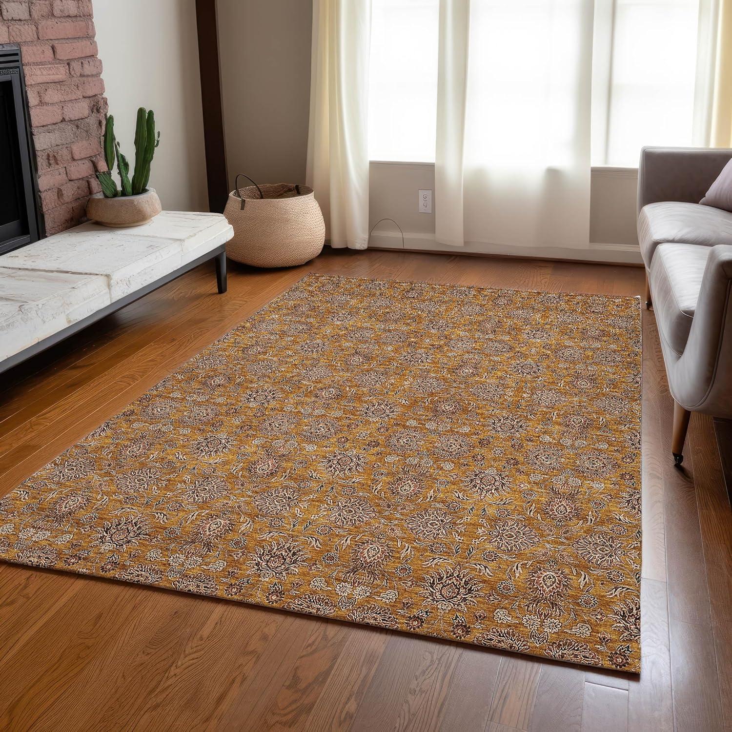 Copper Floral Pattern Machine Washable Indoor Outdoor Rug