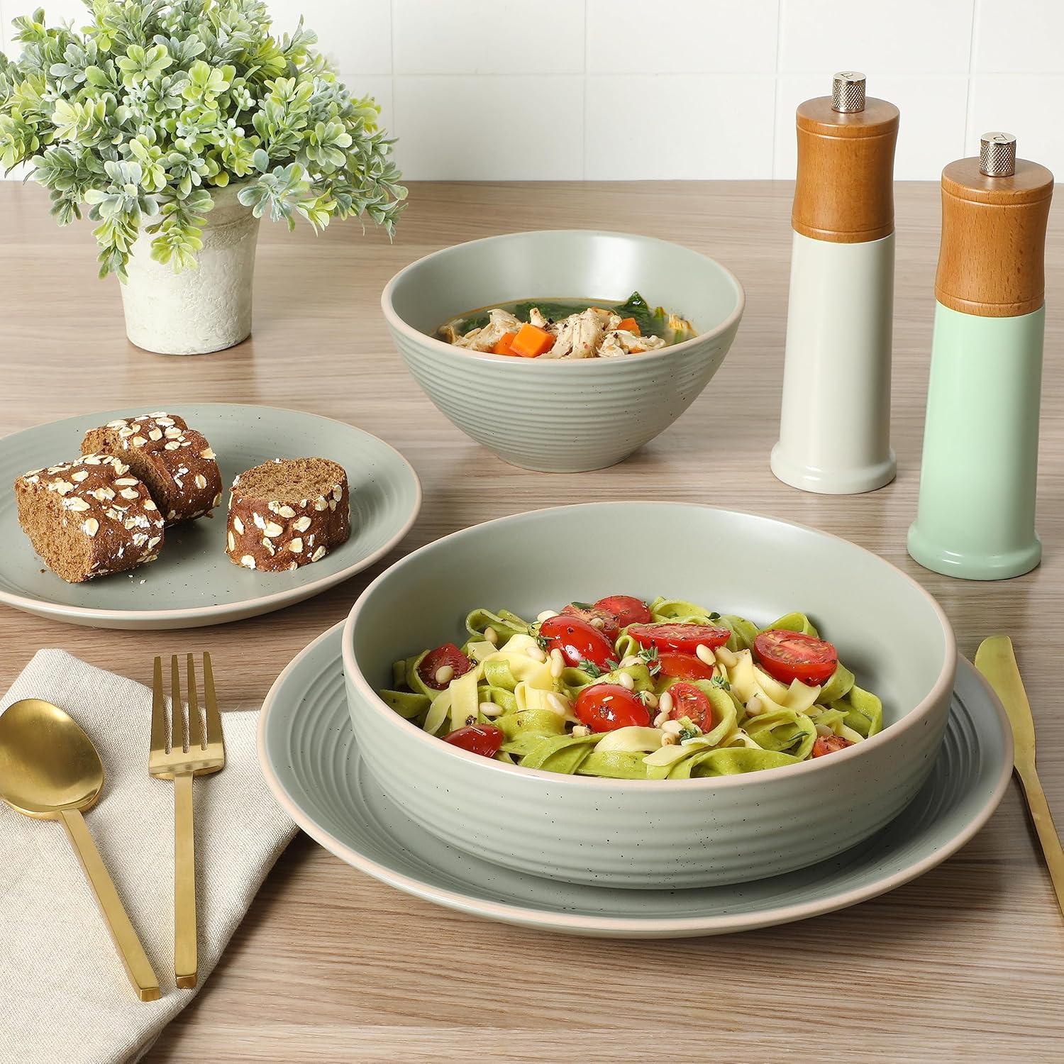 Sage Green Ceramic 16-Piece Embossed Dinnerware Set