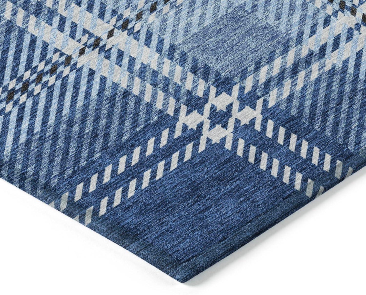 Navy Plaid Synthetic Washable Indoor/Outdoor Rug 1'8" x 2'6"