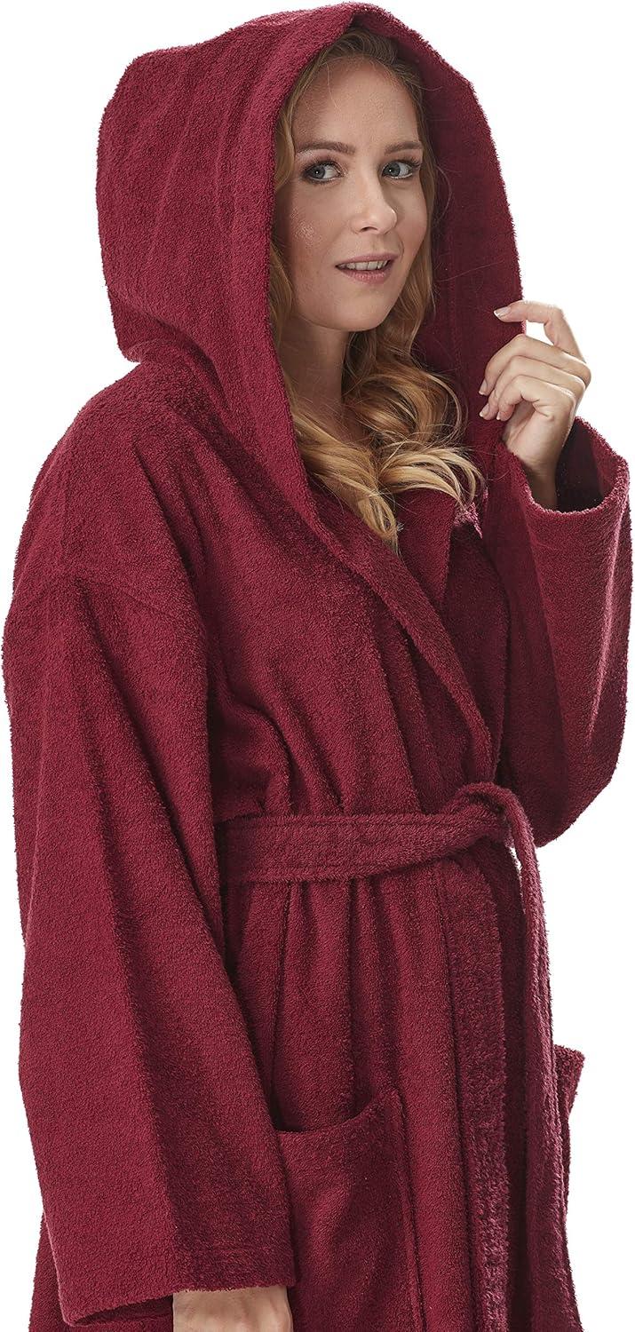 Women's Small Burgundy Cotton Hooded Full Length Bathrobe