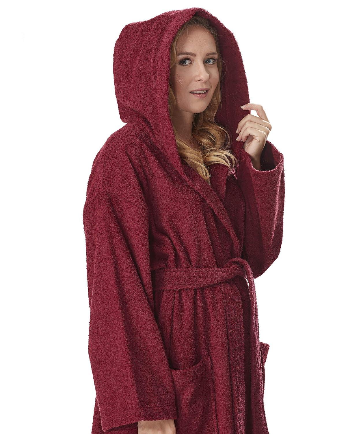 Women's Small Burgundy Cotton Hooded Full Length Bathrobe
