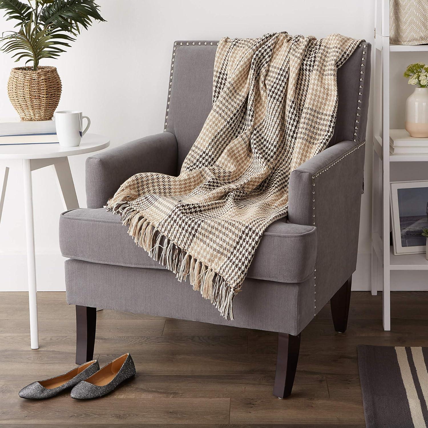 50"x60" Houndstooth Plaid Throw Blanket Dark Brown/Stone - Design Imports: Cotton, Hypoallergenic, Machine Washable