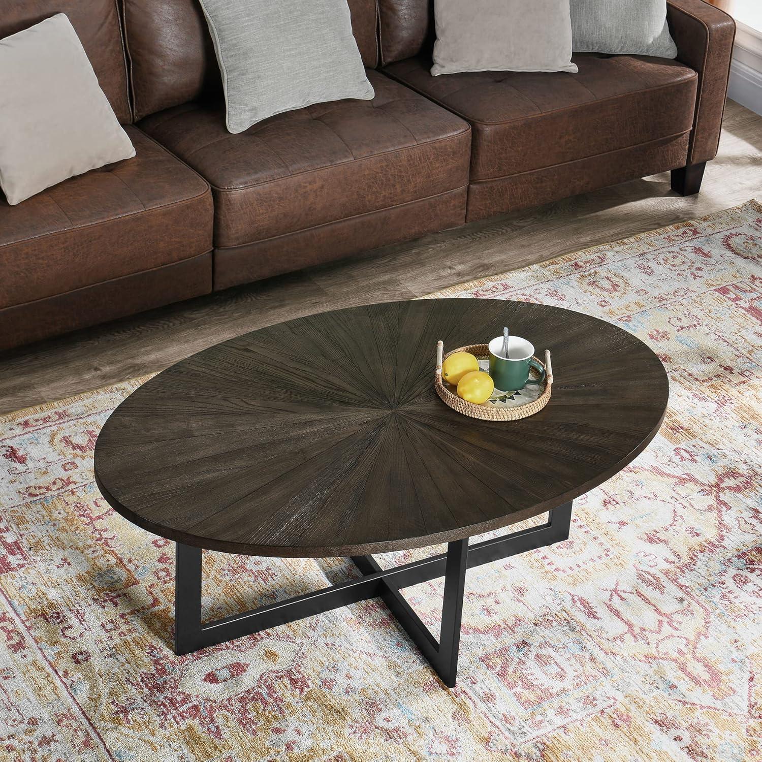 Solid Wood Contemporary Oval Coffee Table with Cross Metal Legs Black