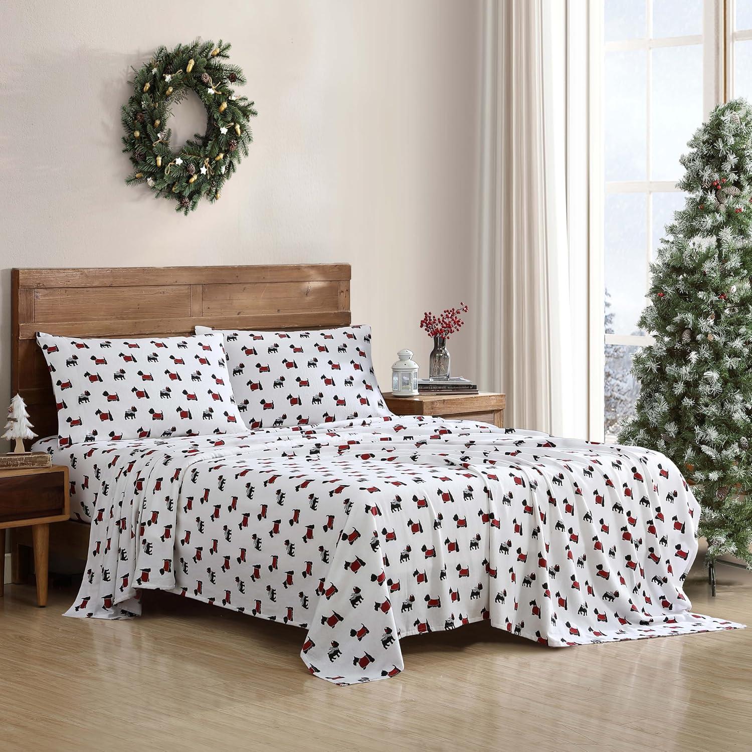 Beatrice Home Fashions 3-Piece Winter Holiday Flannel Sheet Set, Soft, Cozy, 100% Cotton, 15-inch Deep Pockets, Twin, Warm Doggies Red