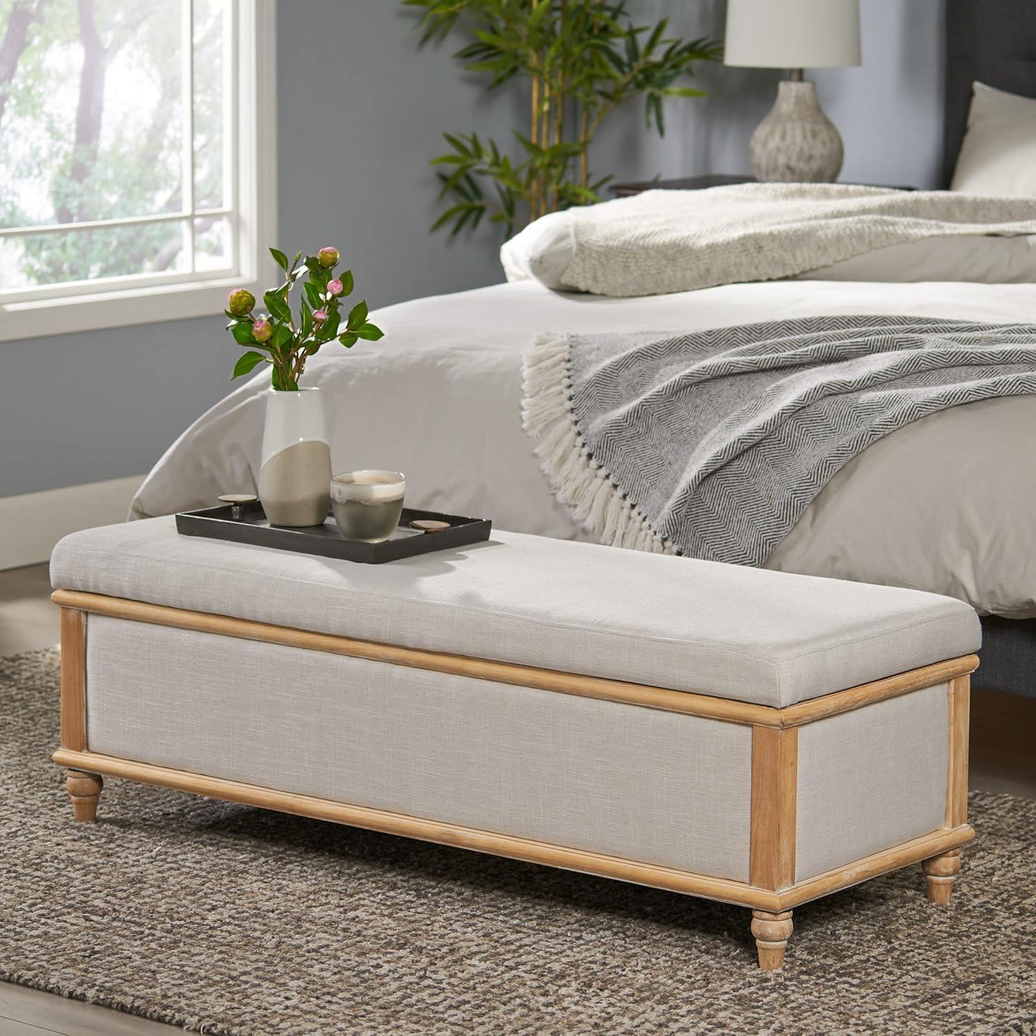 Provo Weathered Wood Light Beige Fabric Storage Ottoman