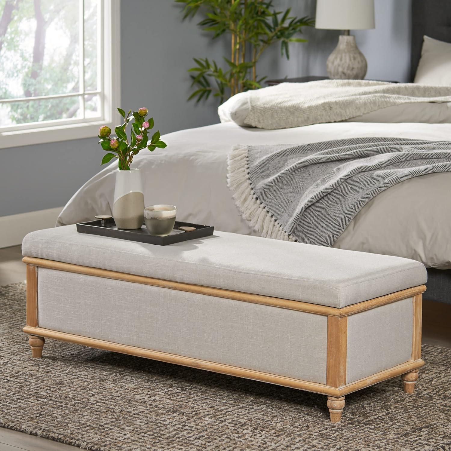 Christopher Knight Home Abilene Storage Ottoman - Beige: Linen Upholstered, Wood Frame, Rectangular Shape, 250lbs Capacity