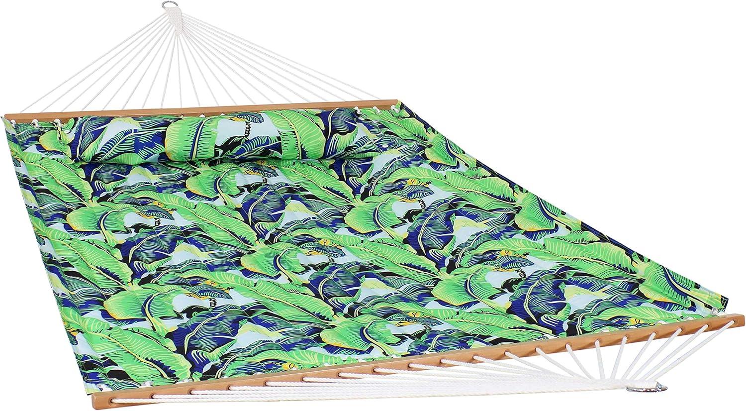 Sunnydaze 2-Person Quilted Printed Fabric Spreader Bar Hammock and Pillow with S Hooks and Hanging Chains - 450 lb Weight Capacity - Exotic Foliage