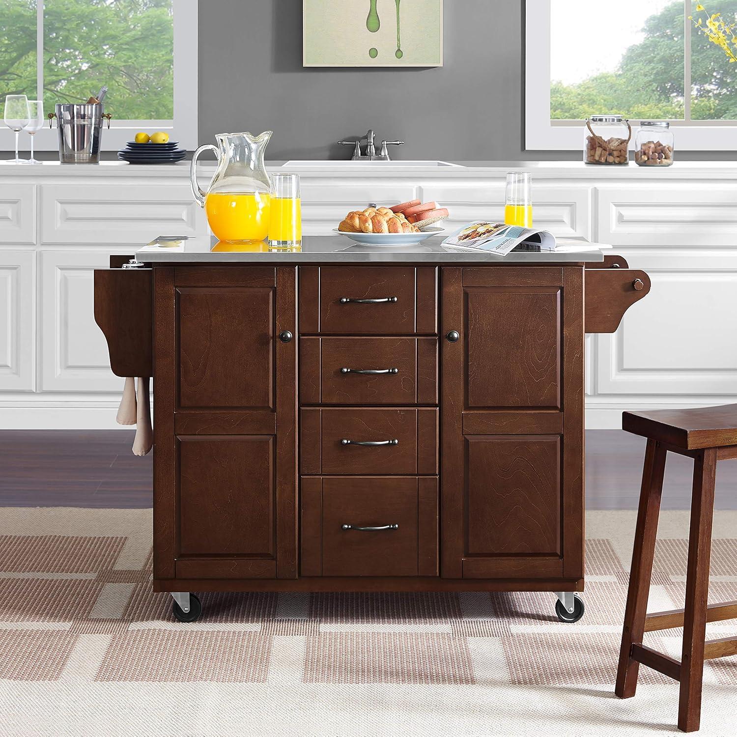 Eleanor Stainless Steel Top Kitchen Cart Mahogany/Stainless Steel - Crosley: 2 Cabinets, Spice Rack, 4 Drawers