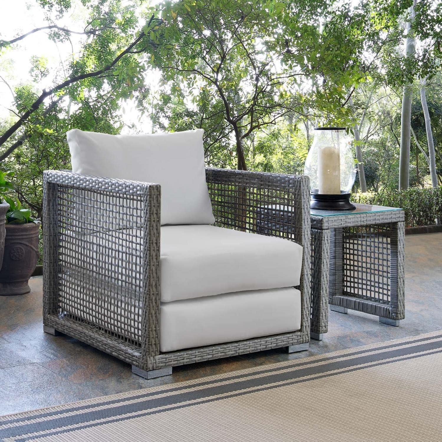 Aura 32" Gray and White Rattan Outdoor Patio Armchair with Cushions