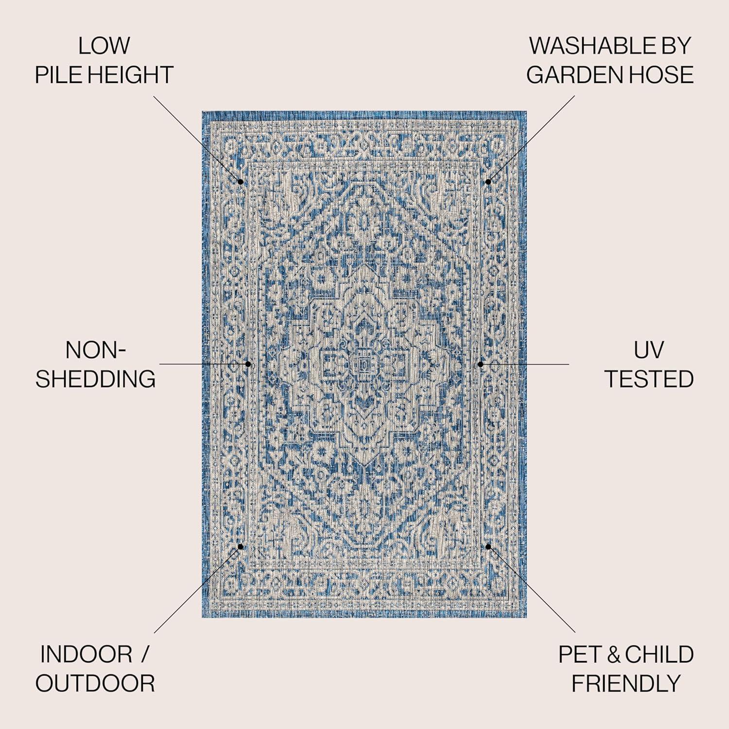 3'x5' Sinjuri Medallion Textured Weave Indoor/Outdoor Area Rug, Navy/Gray - JONATHAN Y