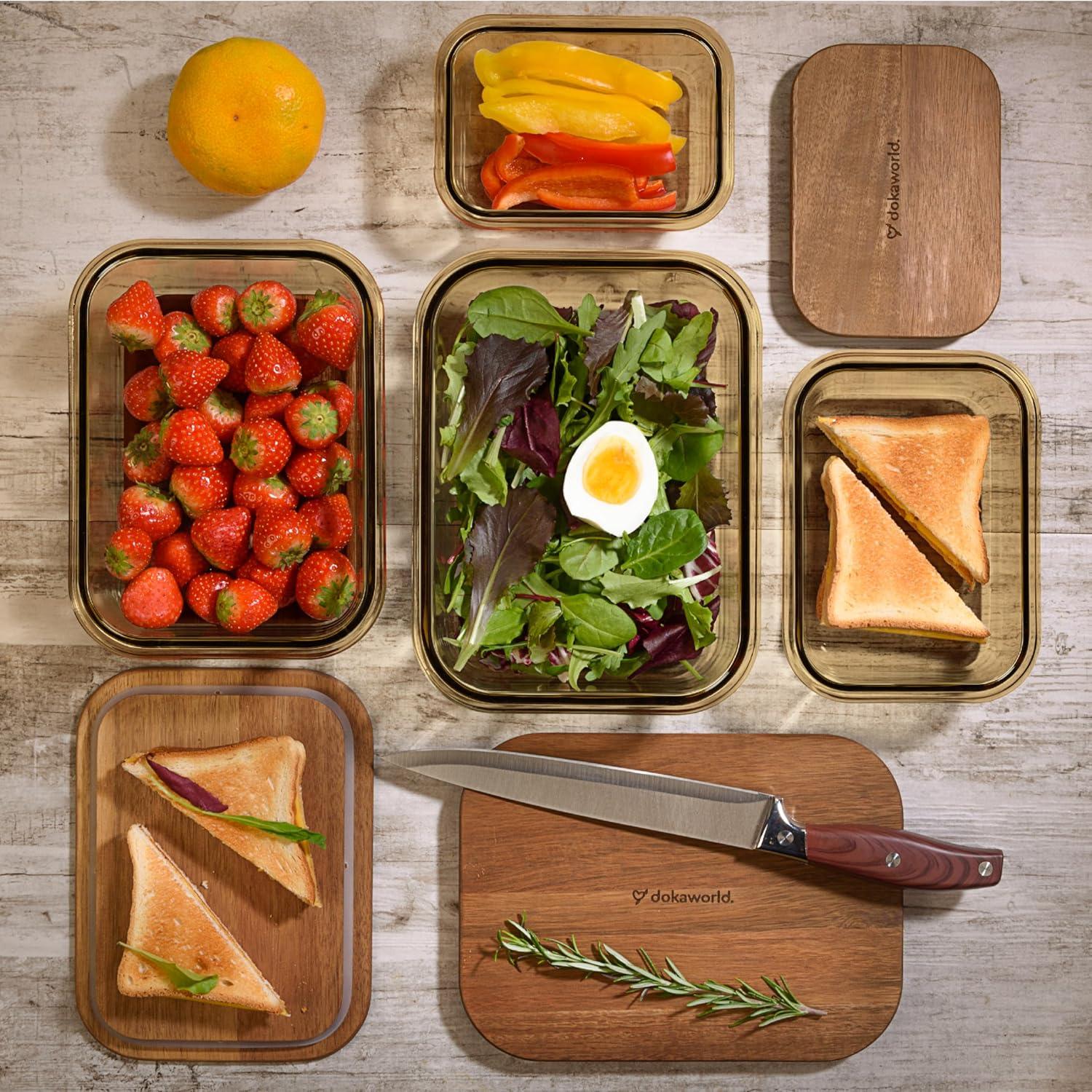 Amber Glass Meal Prep Containers with Acacia Lids, Set of 4