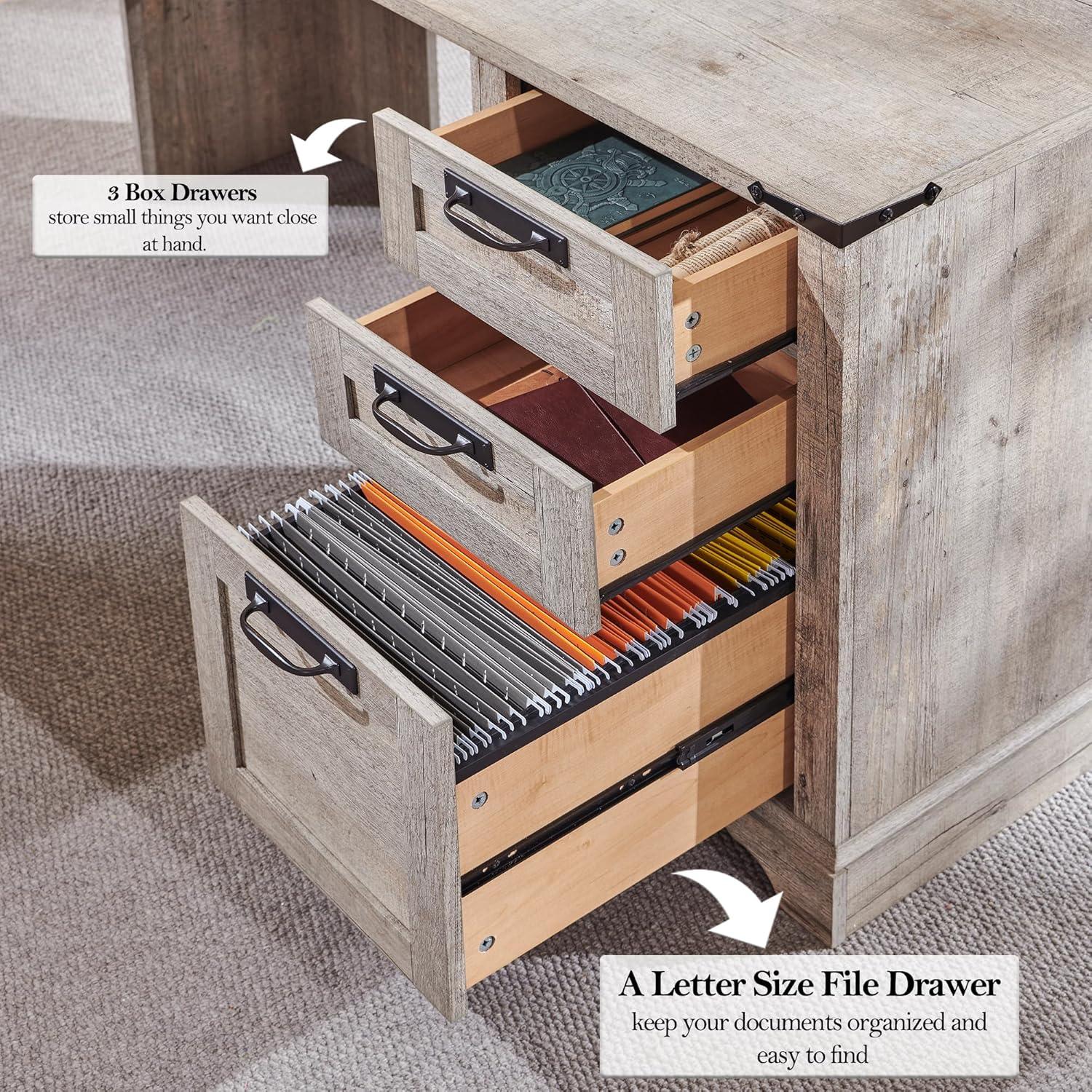 RedLemon 60" Farmhouse L Shaped Desk with Drawers, Wood Home Office Corner Executive Desk with Charging Station, File Drawer, Storage Cabinet, Rustic Computer Writing Desk (Light Rustic Oak)