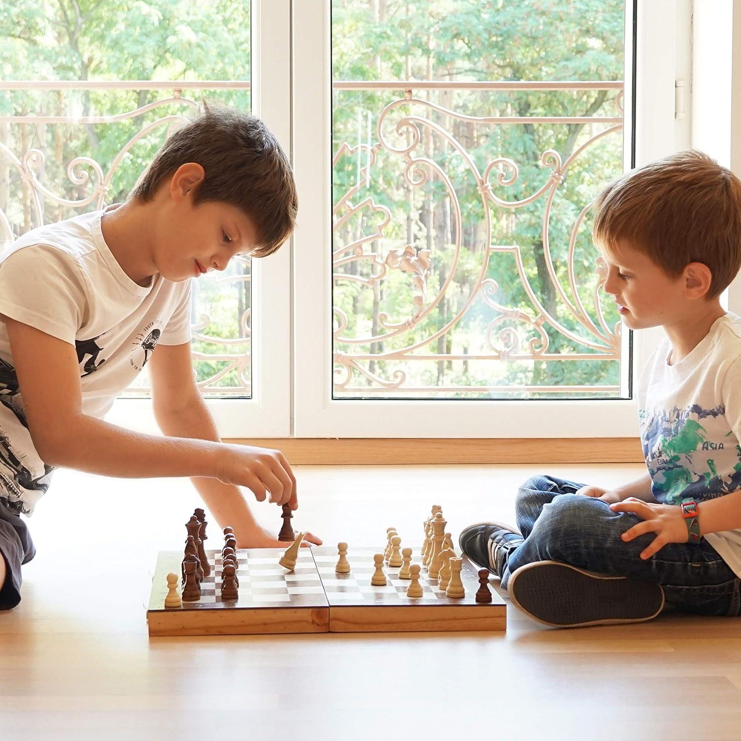 17" Walnut Wood Folding Chess Set with Hand-Carved Pieces