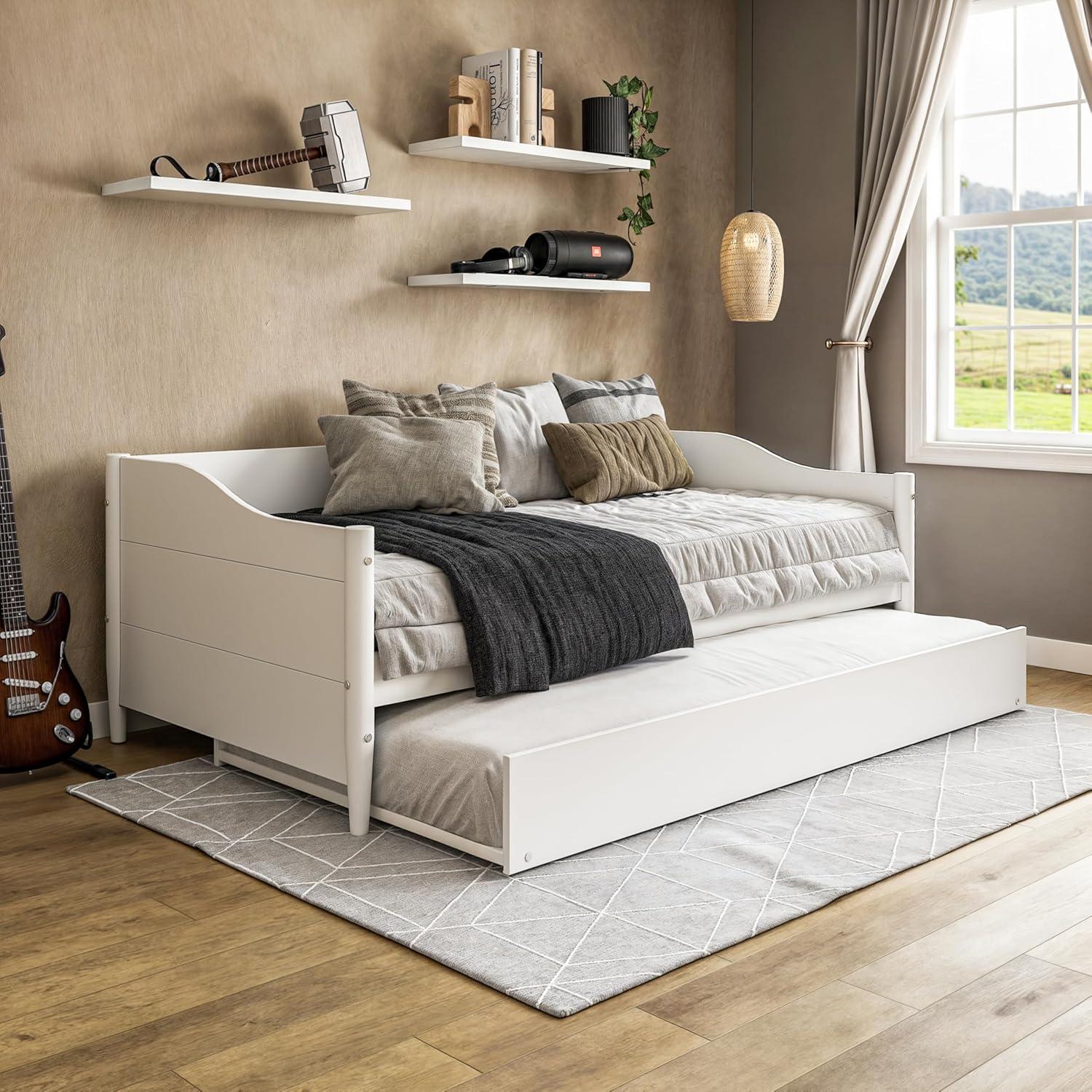 Mid Century Classic Twin Size Day Bed with Trundle White Finish