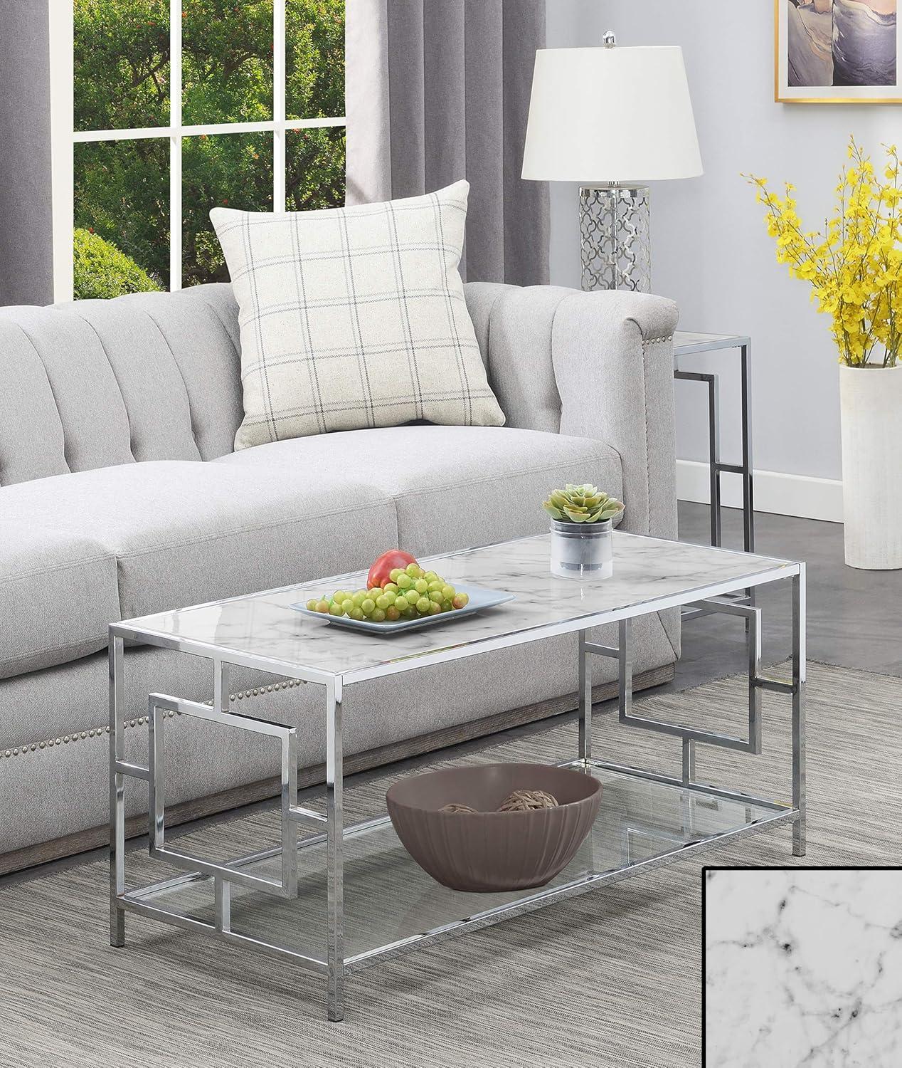 Convenience Concepts Town Square Chrome Coffee Table, Faux White Marble/Chrome Frame