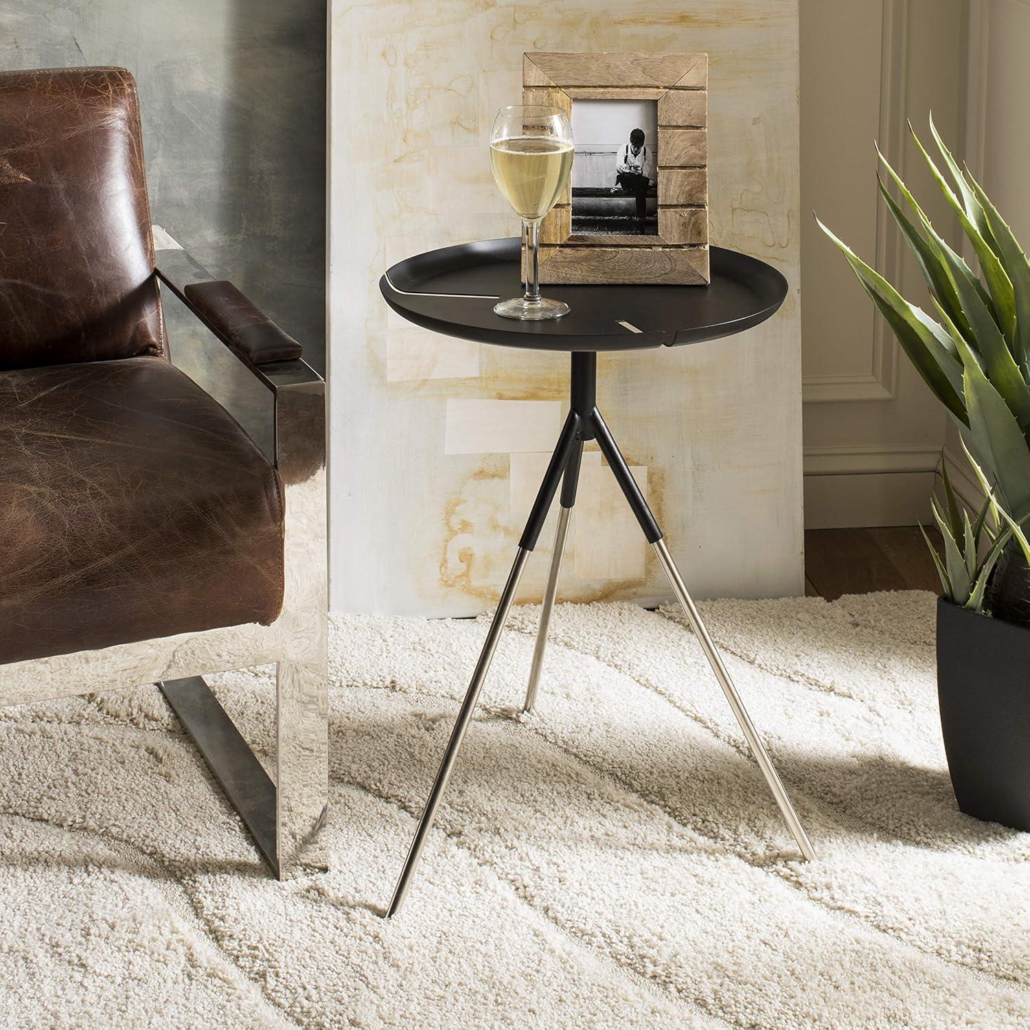 Matte Black Round Wood and Metal Side Table