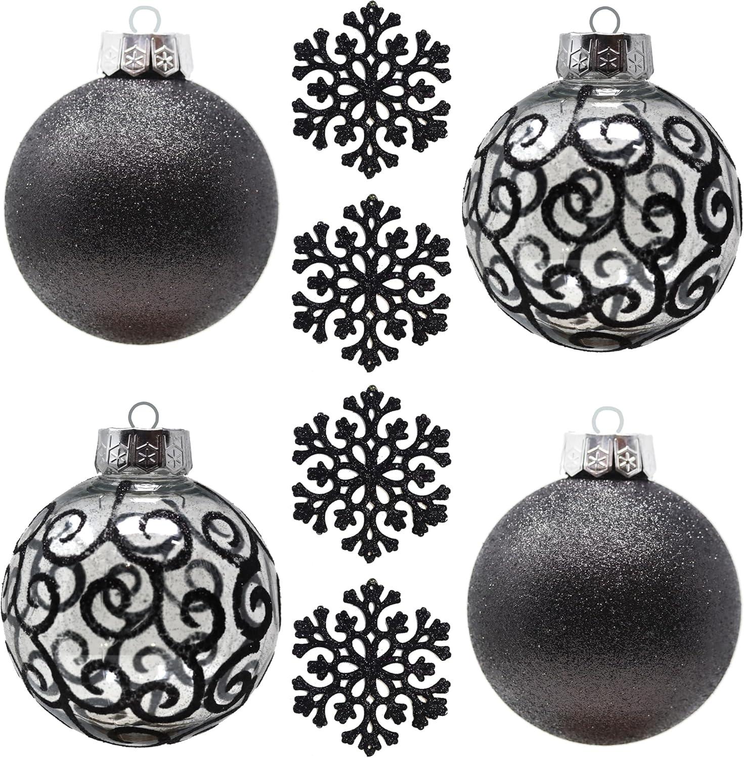 SLEETLY Big Black Ornaments for Farmhouse Christmas Tree Holiday Xmas Decorations for Christmas - Large Shatterproof Plastic 4.72 inch Glitter Snow Balls and Snowflakes, Ornament Set of 8
