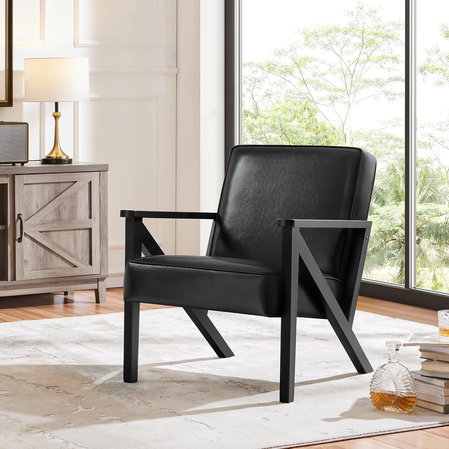 Yaheetech Faux Leather Armchair Accent Chair with Wood Legs for Living Room, Black
