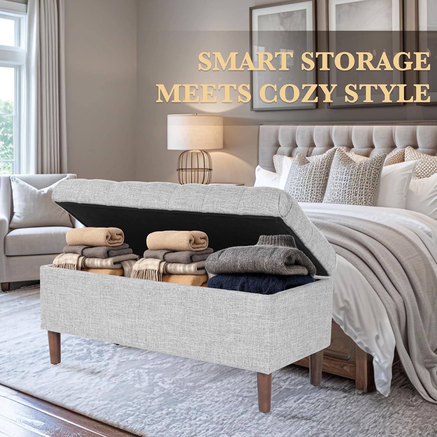 Button Tufted Storage Bench with Cone Wood Legs Gray - HomePop: Hinged Lid, Bedroom Ottoman
